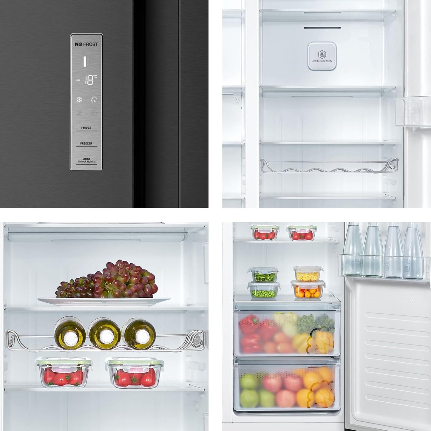Hisense RS677N4BFD Side by Side Kühl-Gefrierkombination/ Inverter-Kompressor/ Flaschenablage/ 2 FreshZone/Gemüsefach / Kühlteil 334 l/ Gefrierteil 185 l/ 41 dB/ 247 kWh/ Jahr, Schwarz
