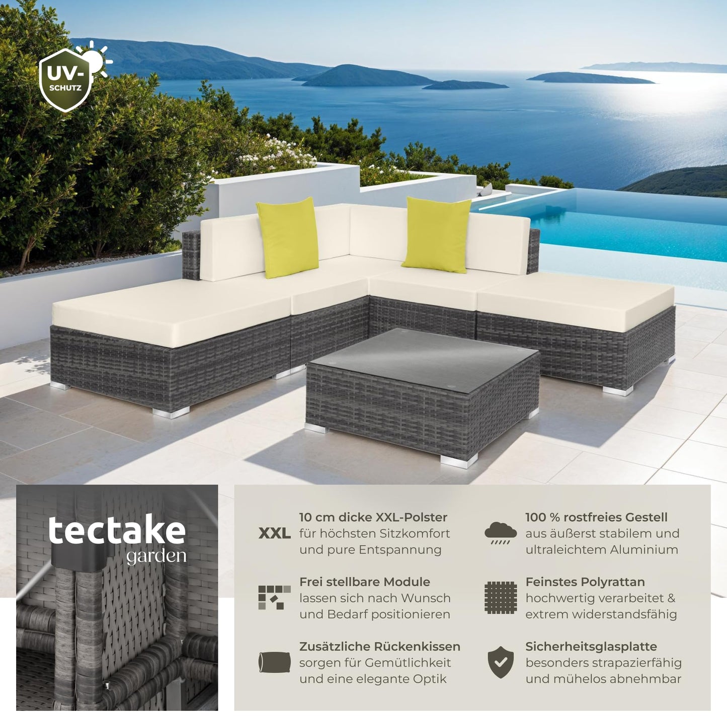 tectake® Aluminium Poly Rattan Lounge, modulares Gartenmöbel Set, großer Outdoor Couch Tisch mit Glasplatte, Sofa Set wetterfest für Garten, Balkon und Terrasse, extra Dicke Polster - grau