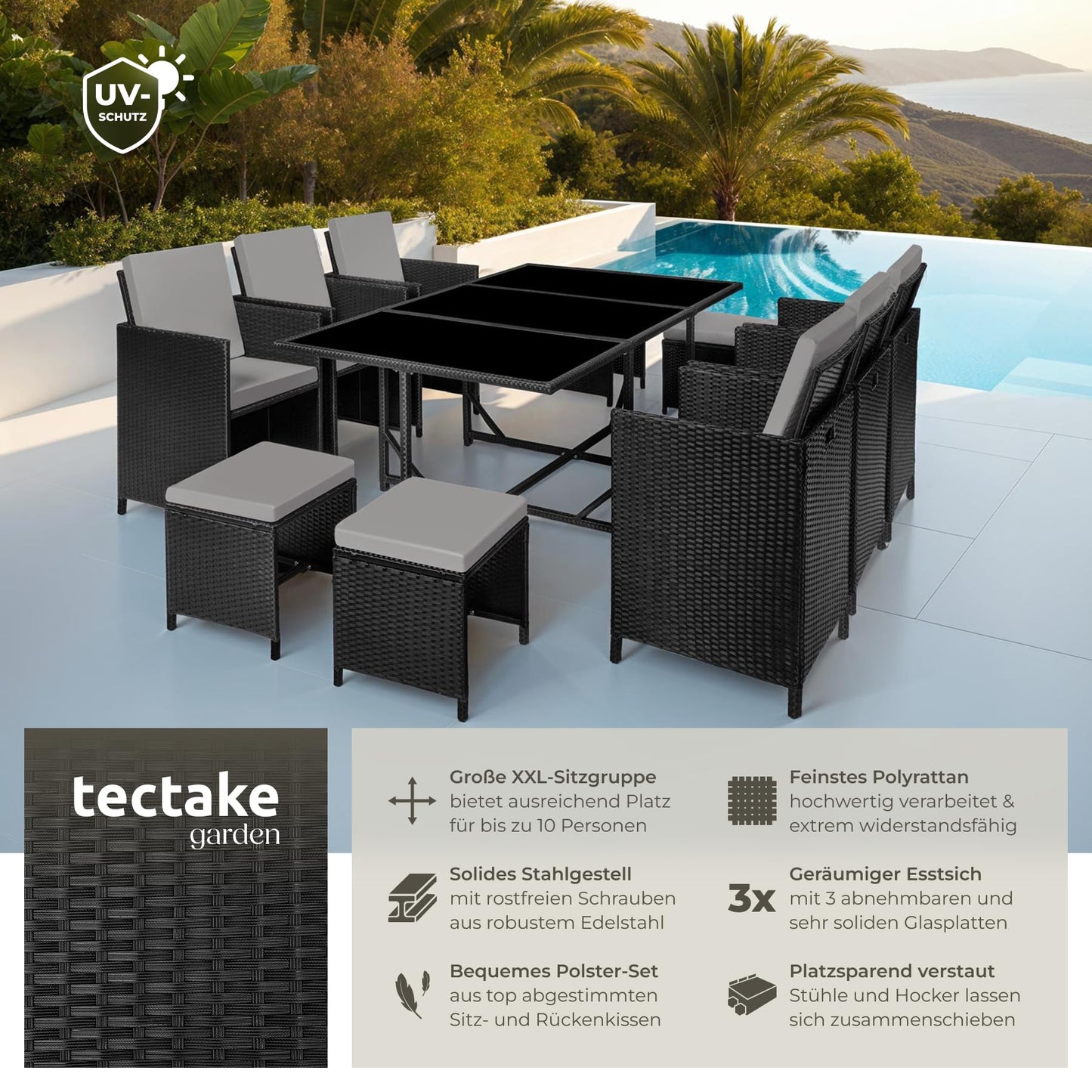 tectake® Outdoor Balcony Garden Furniture Set, Lounge with 6 Chairs, 4 Stools and 1 Table, Poly Rattan Wicker, Weatherproof, Space-Saving - Grey