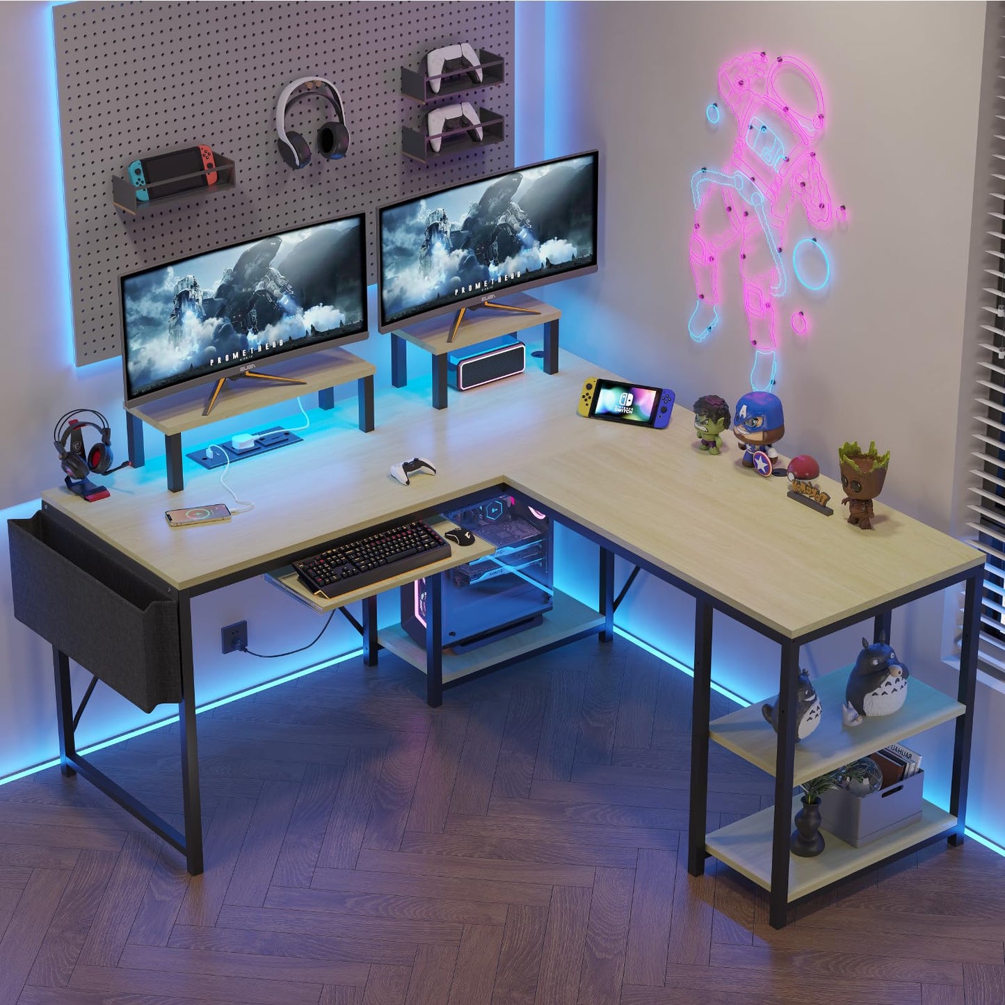 Flamaker Gaming Tisch l Form 140x140 cm - Eckschreibtisch mit RGB LED, Monitorständer & Ablagefach | 2 Steckdosen + 2 USB-Anschlüsse (Weiß)