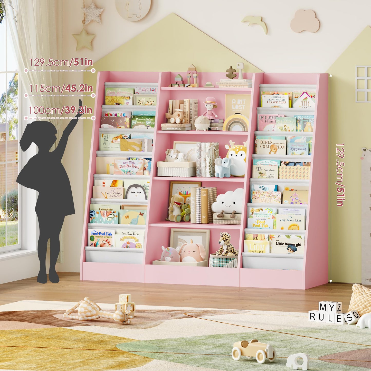 FOREHILL 129 cm Breite Kinderregal, Bücherregal für Kinder mit 14 Ablagen, Kinderzimmer Möbel aus Holz, Spielzeugregal, Regal für Kinderzimmer, Kindergarten, Leseecke, 129 x 120 x 35 cm (weiß)