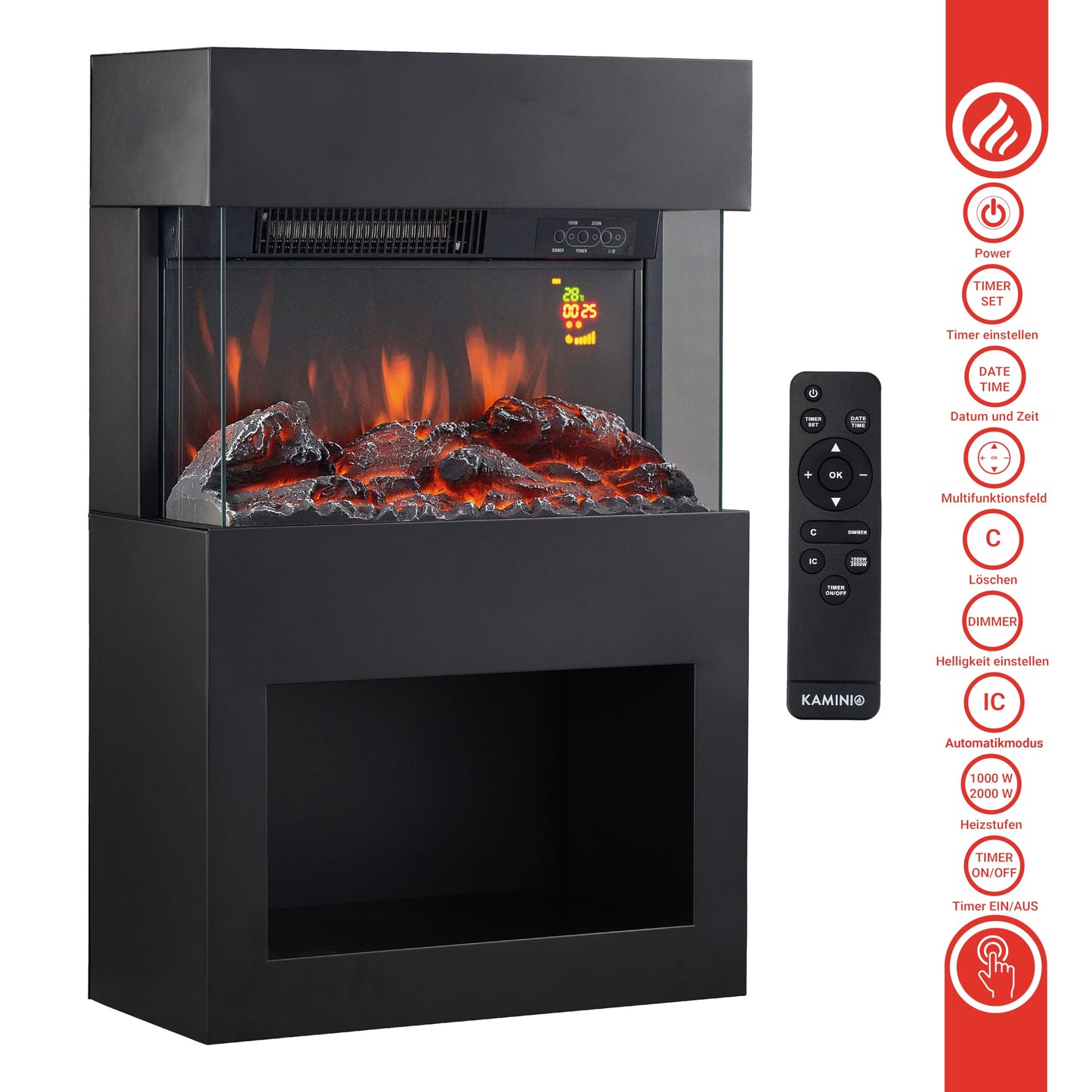 KAMINIO Henri Electric Fireplace with Heater, 3D Flame Effect, Wooden Compartment, Remote Control (White)