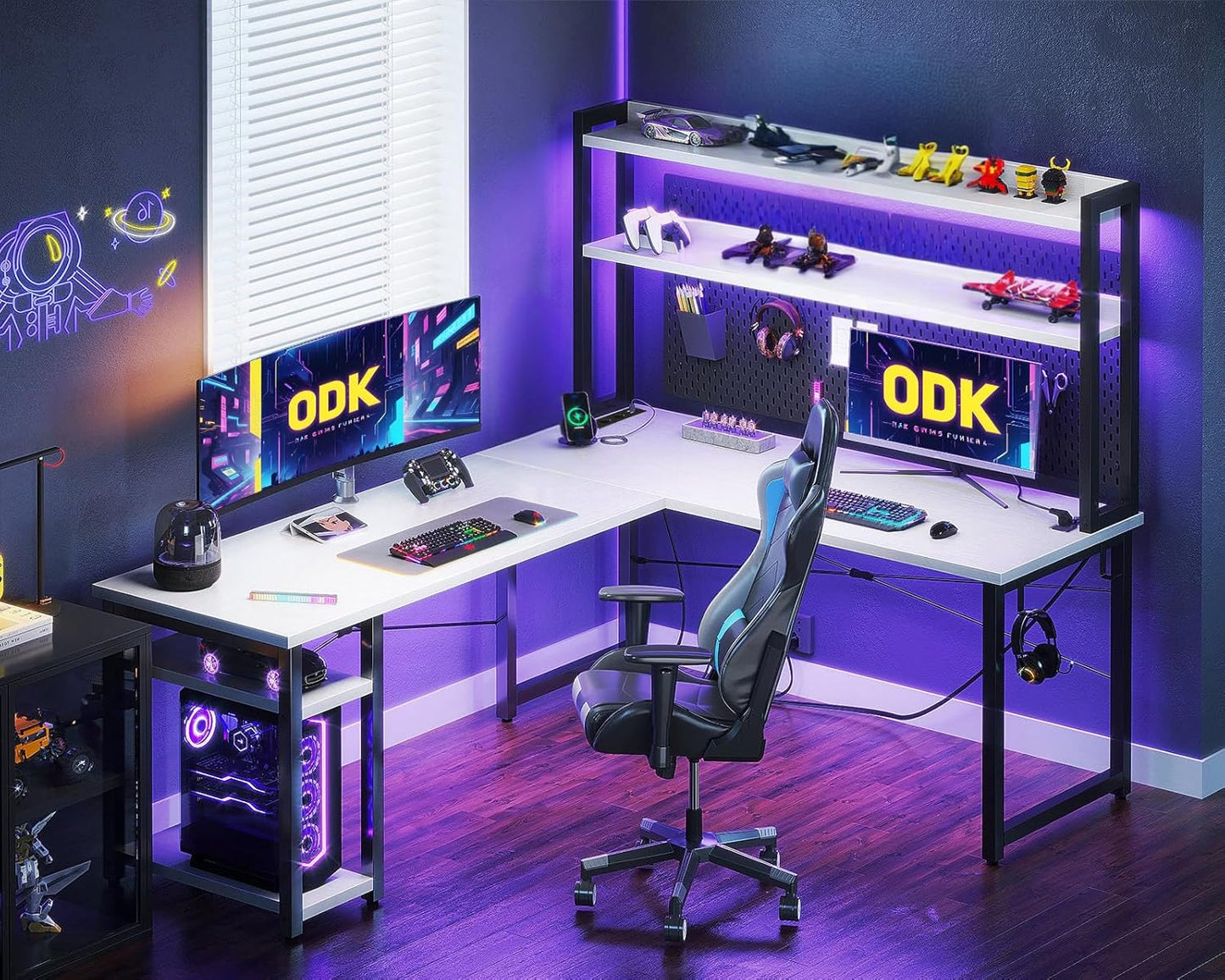 ODK Eckschreibtisch Weiß mit Stall, 150×120 cm Reversibel Gaming Tish L Form mit LED, Computertisch mit USB-Ladeanschluss&Steckdose, Gaming Schreibtisch für das Heimbüro