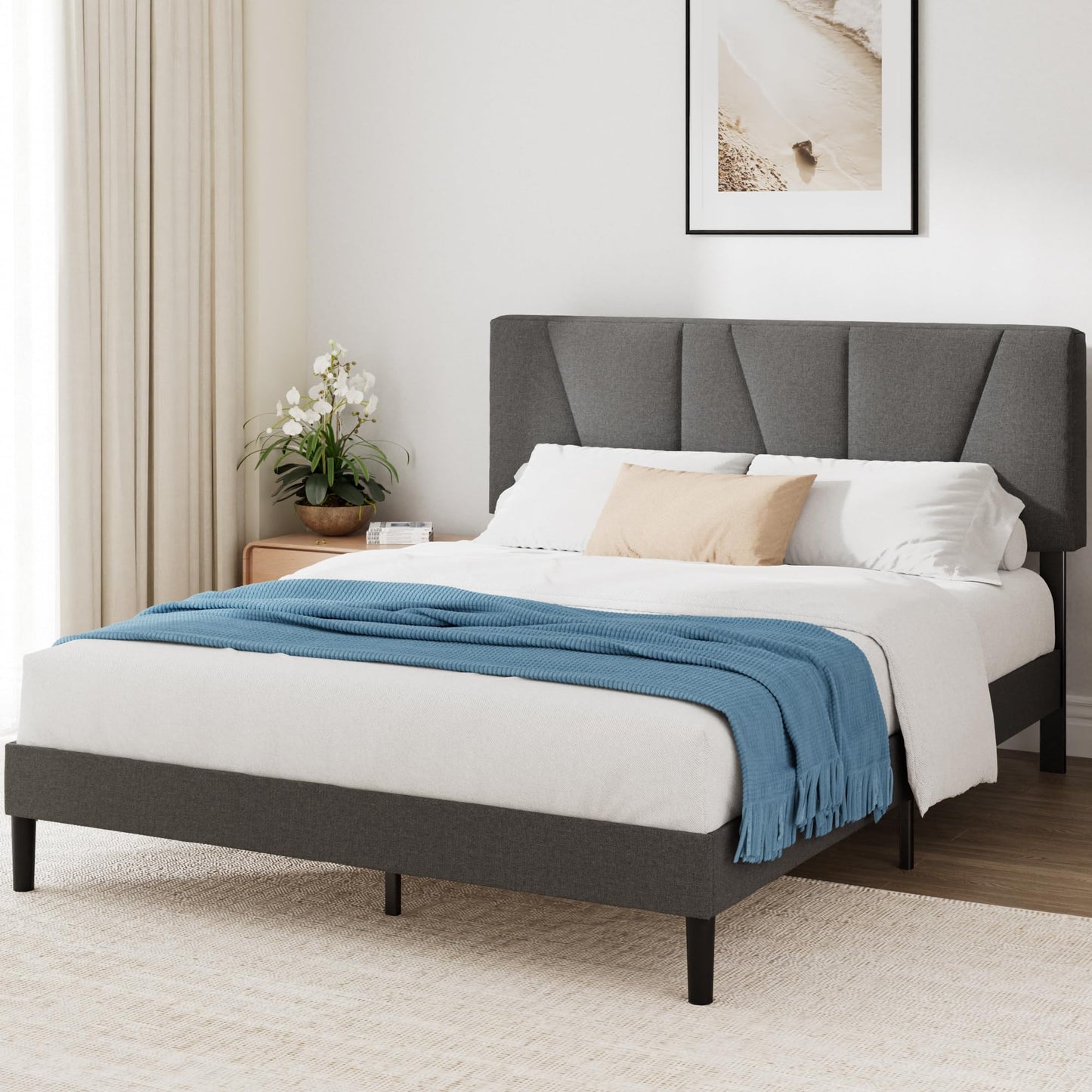 Zinus Maya Bed 180 x 200 cm - Height 30 cm - Padded Bed Frame with Headboard - Wooden Slatted Frame - Dark Grey, Dark Grey