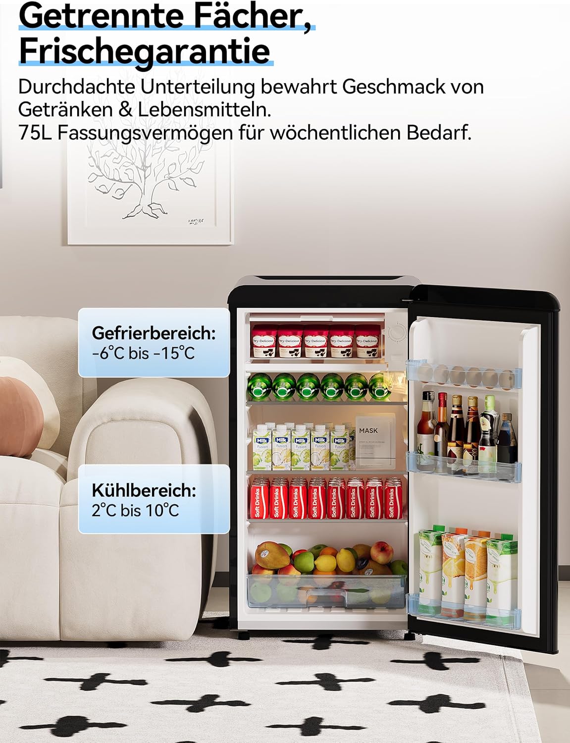 Devoko Fridge with Freezer, 75 L Retro Design Mini Fridge Small, Adjustable Thermostat, Quiet, Suitable for Home, Office and Hotel, Black