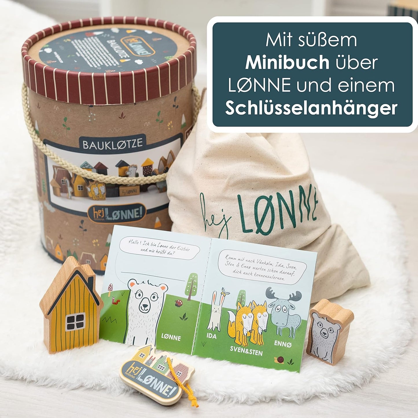 HEJ LØNNE Children's 56-Piece Wooden Building Blocks Set in Box, Motor Skills Toys, Wooden Toys for Children from 1 Year