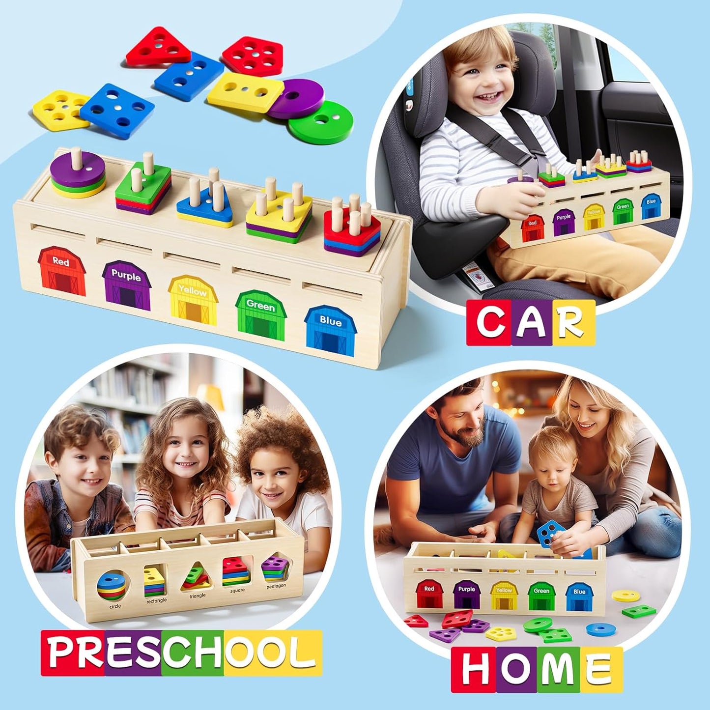 UMEREACT 4 in 1 Shape Sorter, Sorting and Stacking, Wooden Montessori Toy, 12 Months Old Baby Boys and Girls, Colour Matching, Counting and Fishing Game for 1, 2 and 3 Year Old Gifts