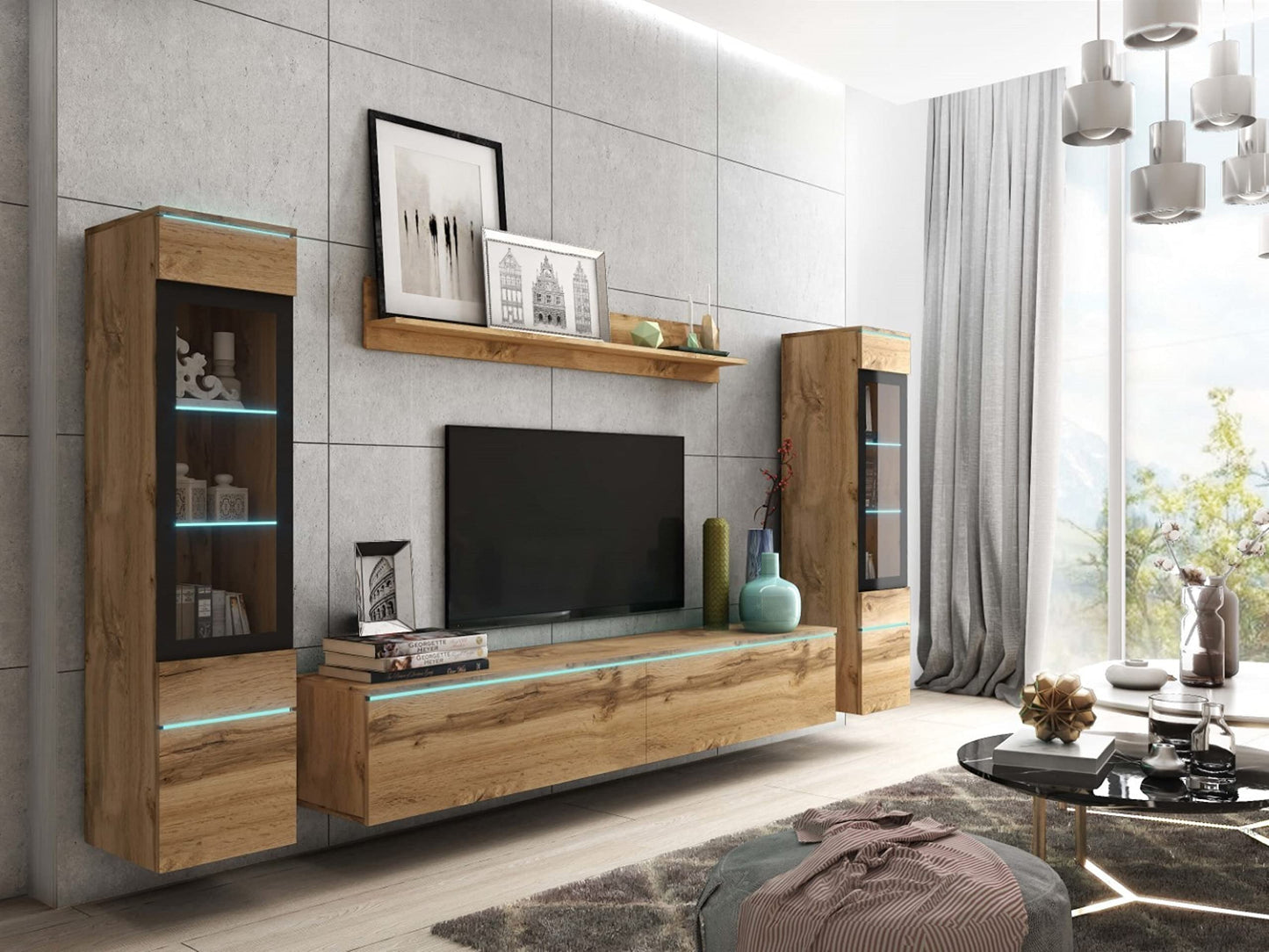 MINIO go for it Veve 2, 4-Piece Wall Unit Set, Hanging or Standing, 2 x Tall Cabinet Display Cabinets, Lowboard, Wall Board, Laminated Clamping Plate, Wotan Oak and Black Gloss, without Lighting