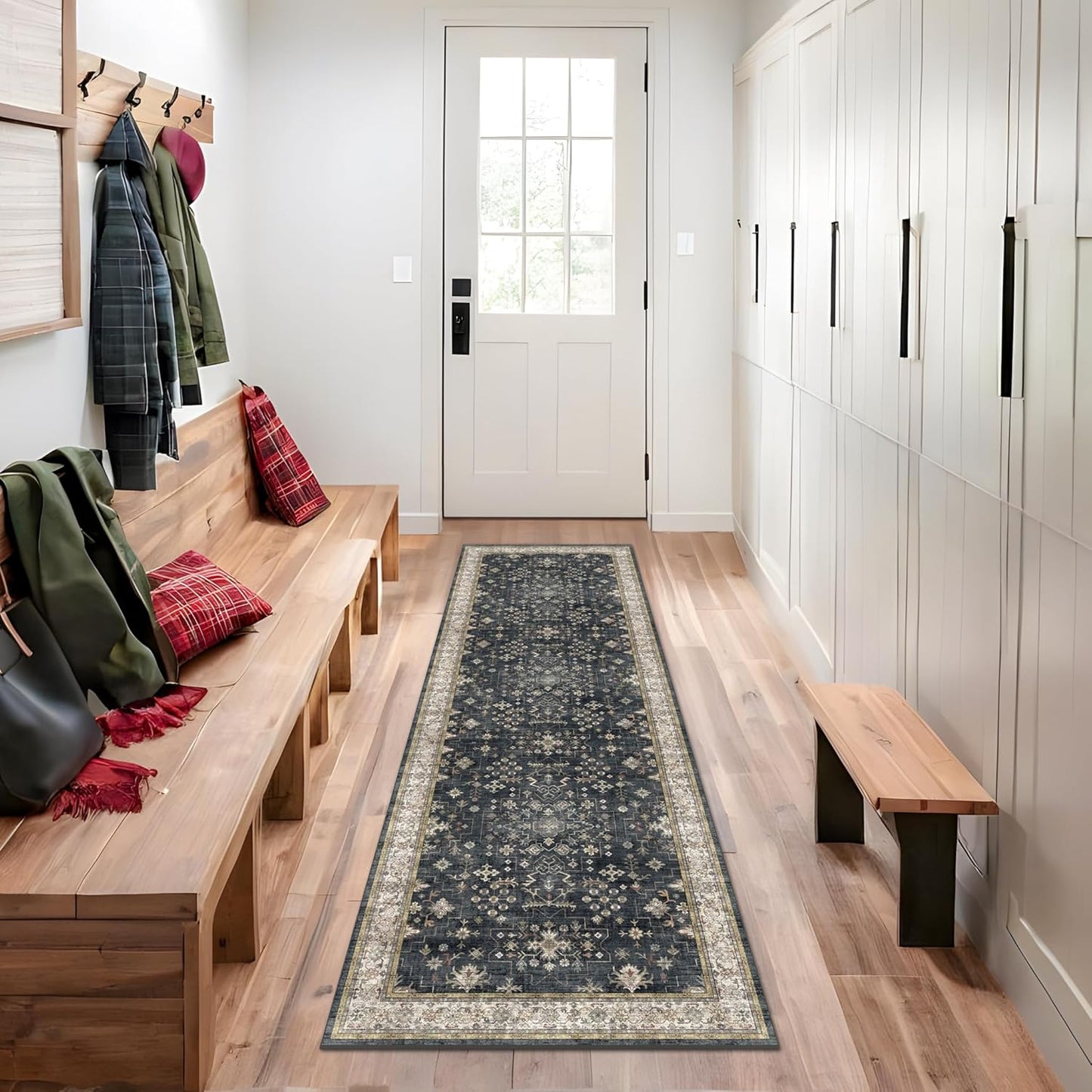 Black Washable Entry Rug, 2x3 Small Rugs for Entryway Kitchen Bathroom Door Mat Indoor Entrance, Non Slip Rubber Backing, Stain & Fade Resistant, Ashen Charcoal Floral Farmhouse Decor