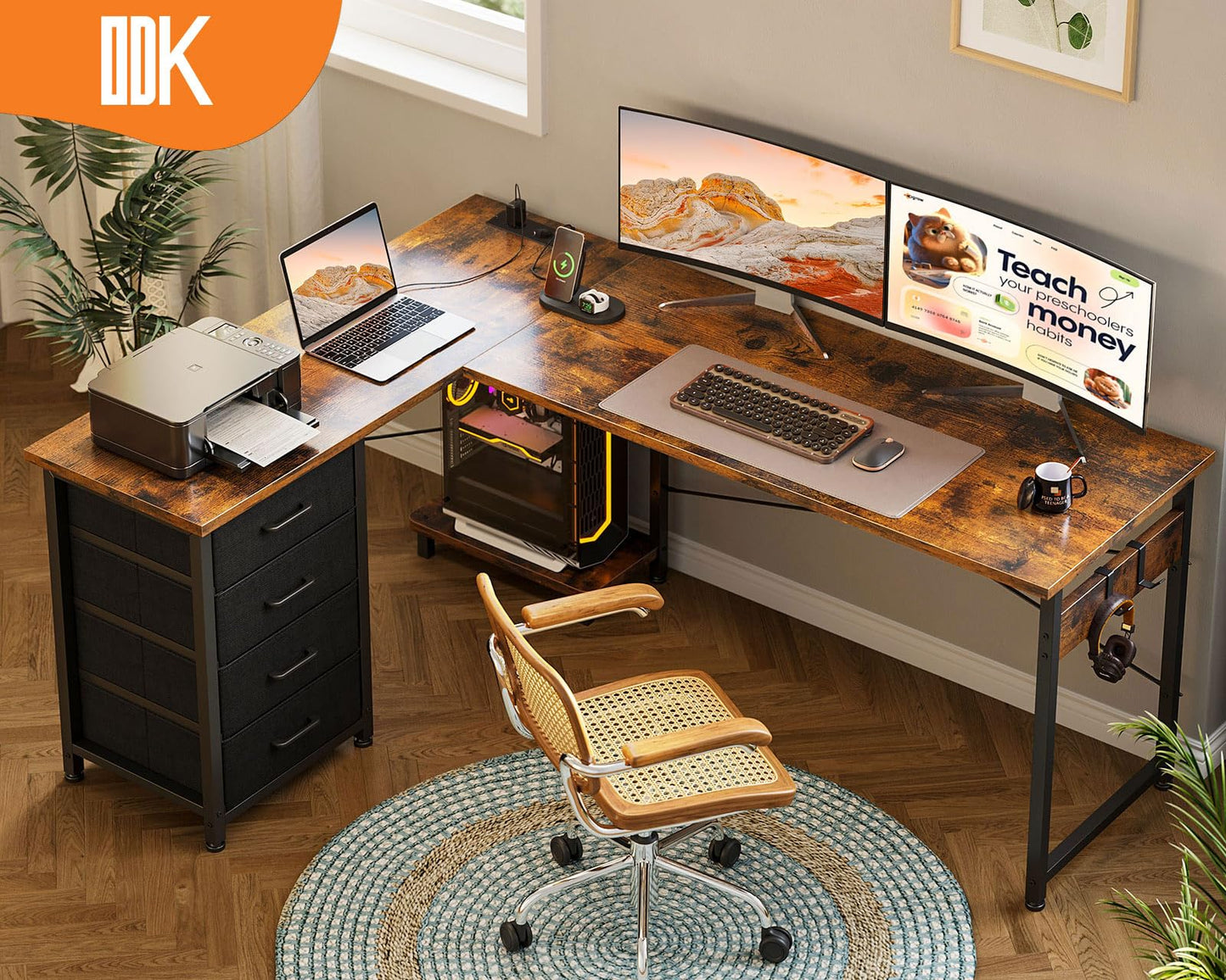 ODK Corner Desk with 4 Drawers, 135 x 100 cm, L Shape Desk with Socket and USB Charging Port, Reversible Desk with Storage Space for Home Office and Gaming, Black
