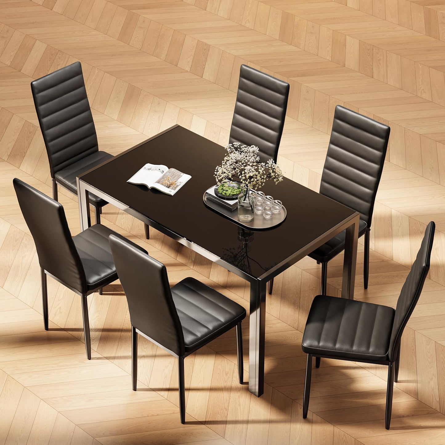 Bealife Dining Table with 4 Chairs Set, Dining Table and Chairs for 4 People, Dining Room 6 Chairs and Table, Set with Dining Table and Chairs for Kitchen, Dining Room and Living Room (Black, 4