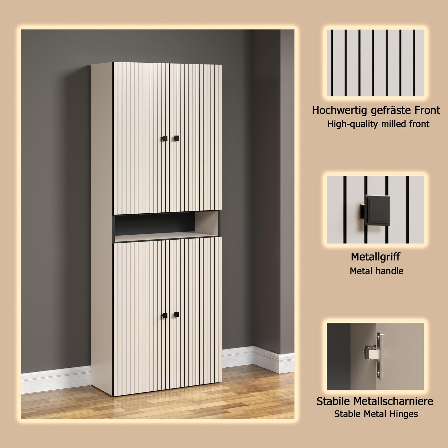 trendteam smart living - PureBliss - Hochschrank - Eiche - Badezimmerschrank in moderner Rillenoptik - edle Metallgriffe - (BxHxT) 40 x 186 x 31 cm - 2 praktische Einlegeböden - kratzfest