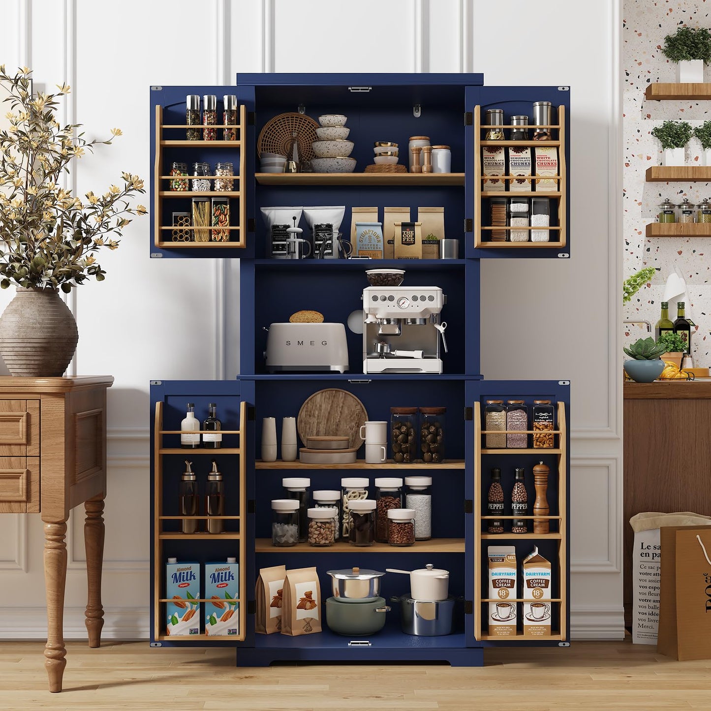 HOLTICO Küchenschrank mit Arbeitsplatte, Hochschrank Küchenbuffet Buffetschrank, Esszimmerschrank, Speisekammer mit Türen und Regalen für Esszimmer, Wohnzimmer, Waschküche,Schwarz