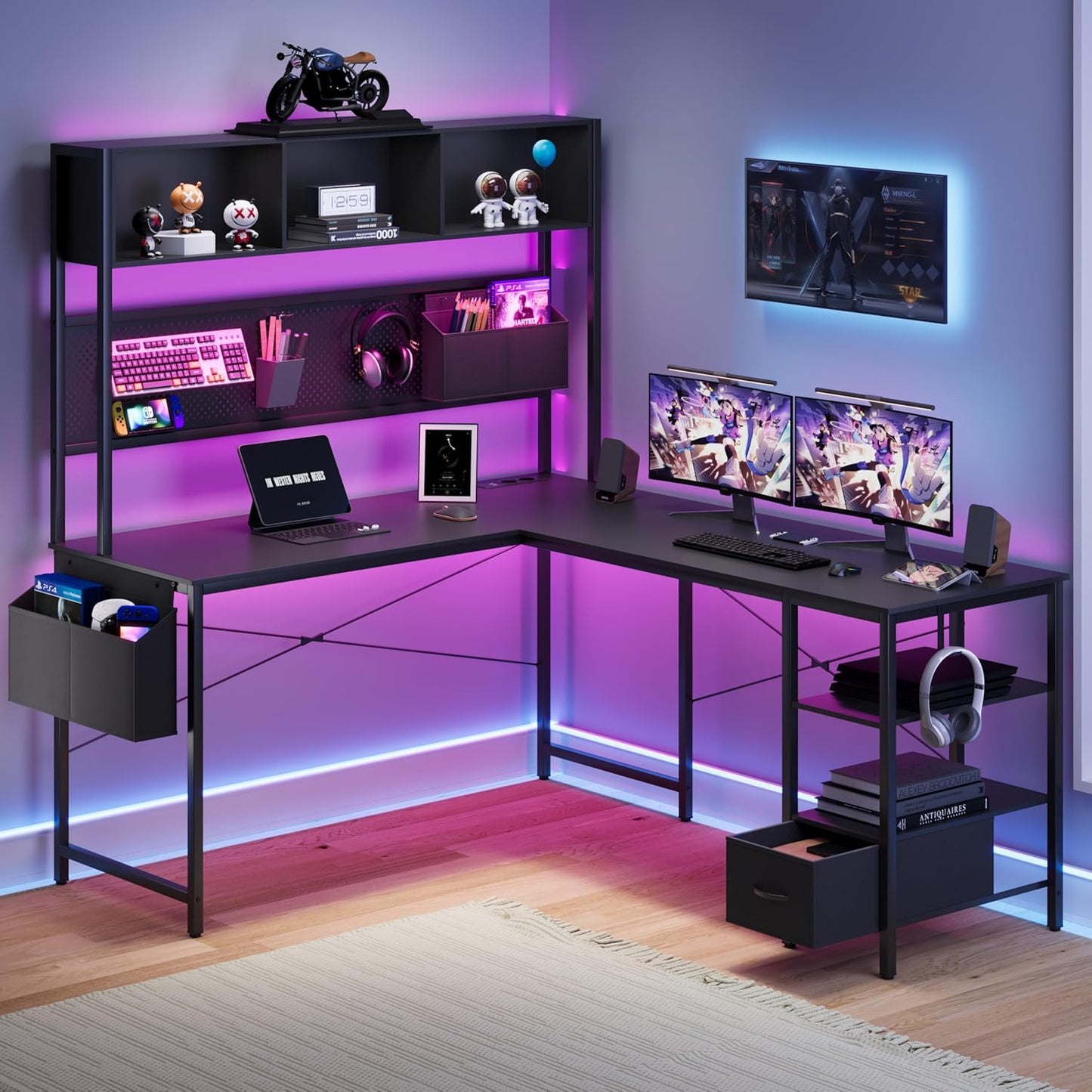 Dowinx LED Gaming Table, L-Shaped Desk with Pegboard and Storage Space, Reversible Computer Desk with Sockets and USB, Office Corner Desk for Home Game, Grey, 120 x 148 cm