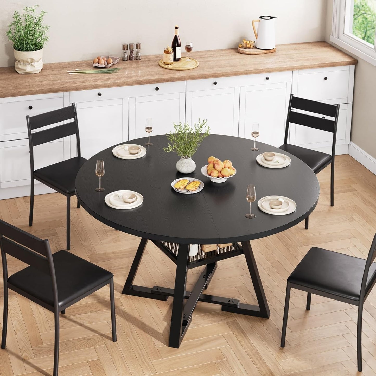 Round Dining Table for 4 Seater Kitchen Dining Pedestal Space Saving Wooden Kitchen Dining Room Furniture (Vintage, 119cm)