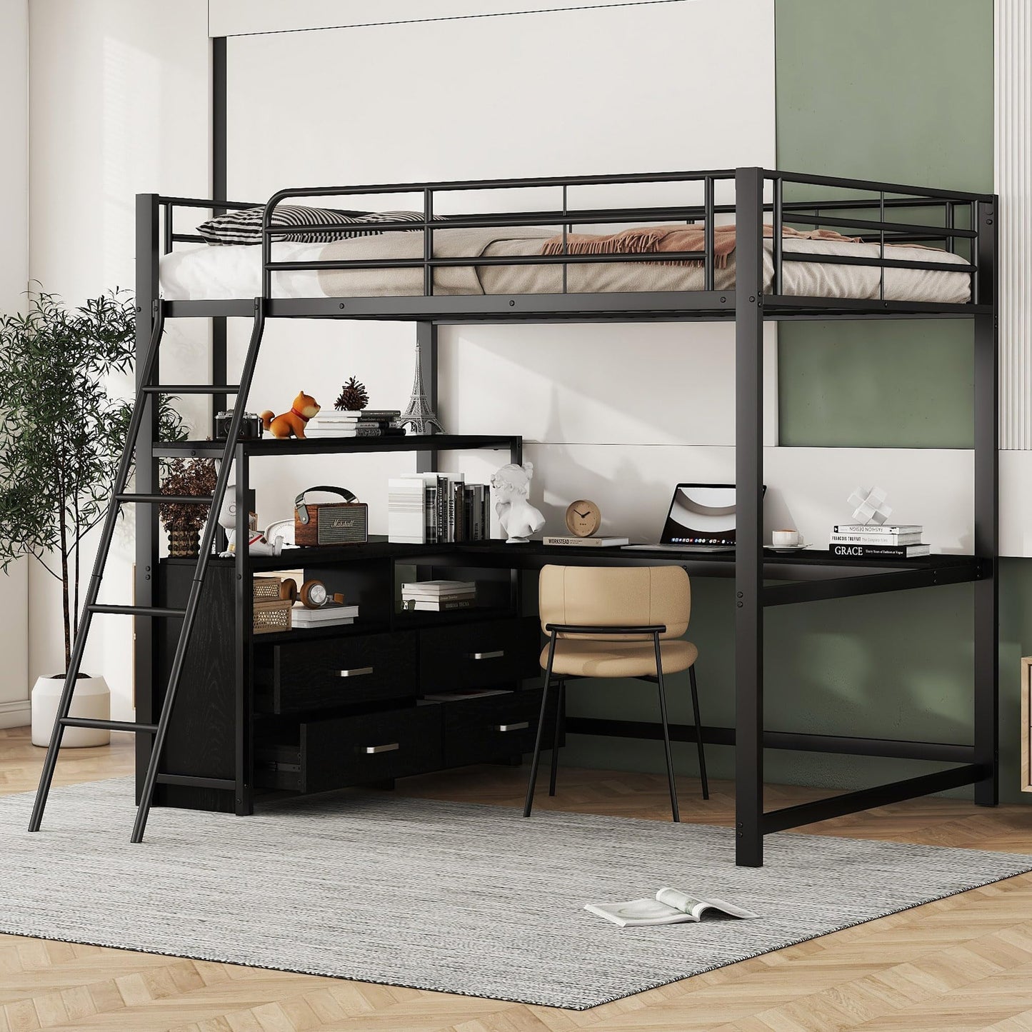 Merax Kinderbett Hochbett 90x200 cm Metallbett mit L-förmigem Schreibtisch, 2 Schubladen und Regal, Bettgestell mit Lattenrost (ohne Matratze) für Kinder/Erwachsene, Schwarz
