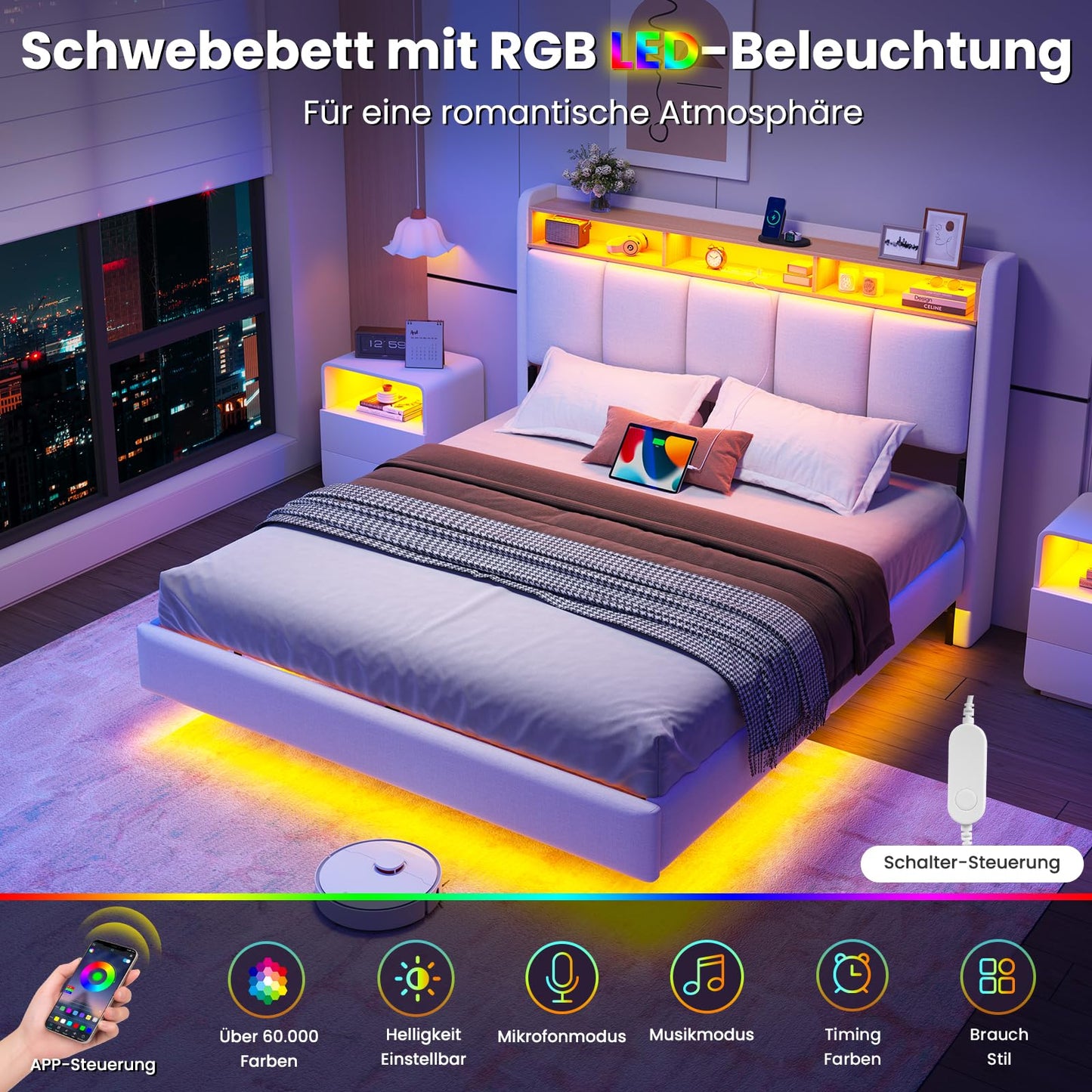 Brinlawb Upholstered Bed 140 x 200 cm Floating Bed with LED Lighting, Headboard and Charging Station (2 AC Sockets, 2 USB Ports), Bed 140 x 200 cm with Storage Space, Modern Double Bed with Slatted