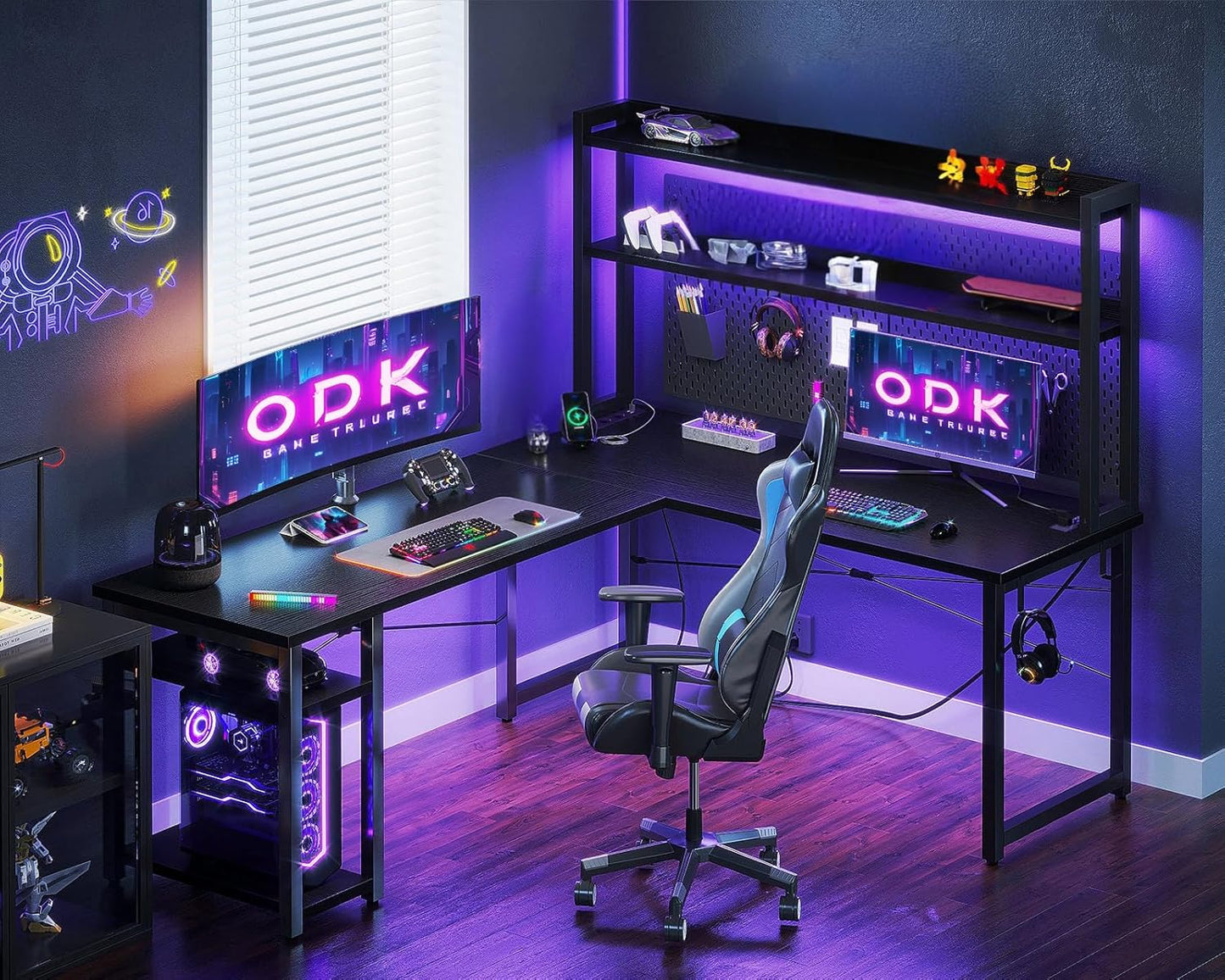ODK Eckschreibtisch Weiß mit Stall, 150×120 cm Reversibel Gaming Tish L Form mit LED, Computertisch mit USB-Ladeanschluss&Steckdose, Gaming Schreibtisch für das Heimbüro
