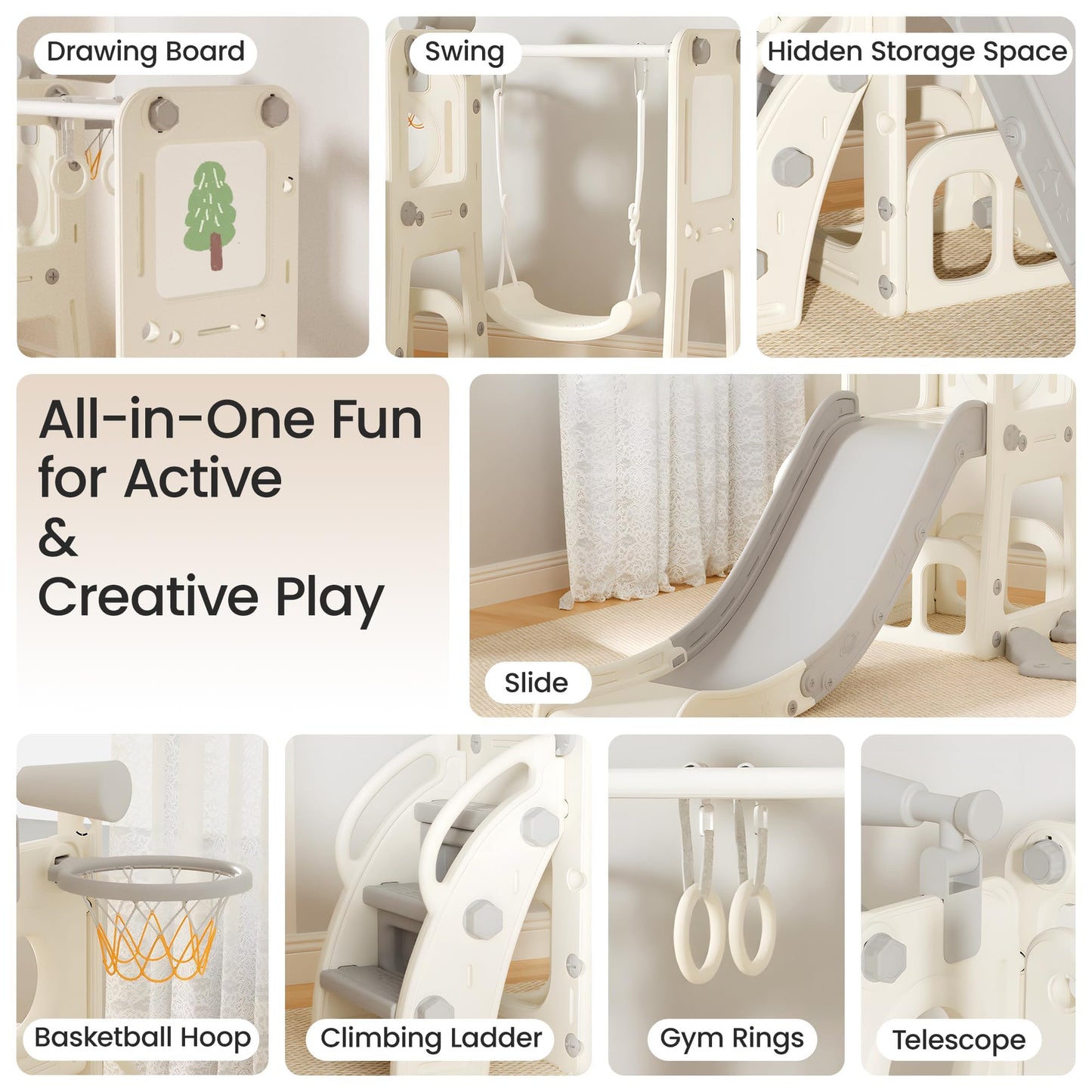 hoopyosms 8-in-1 Rutsche und Schaukel Set für Kleinkinder mit Whiteboard, Basketballkorb, Teleskop, Klettergerüst & Turnringen, Indoor Outdoor Spielplatz Aktivitätscenter für Kinder(Grün)