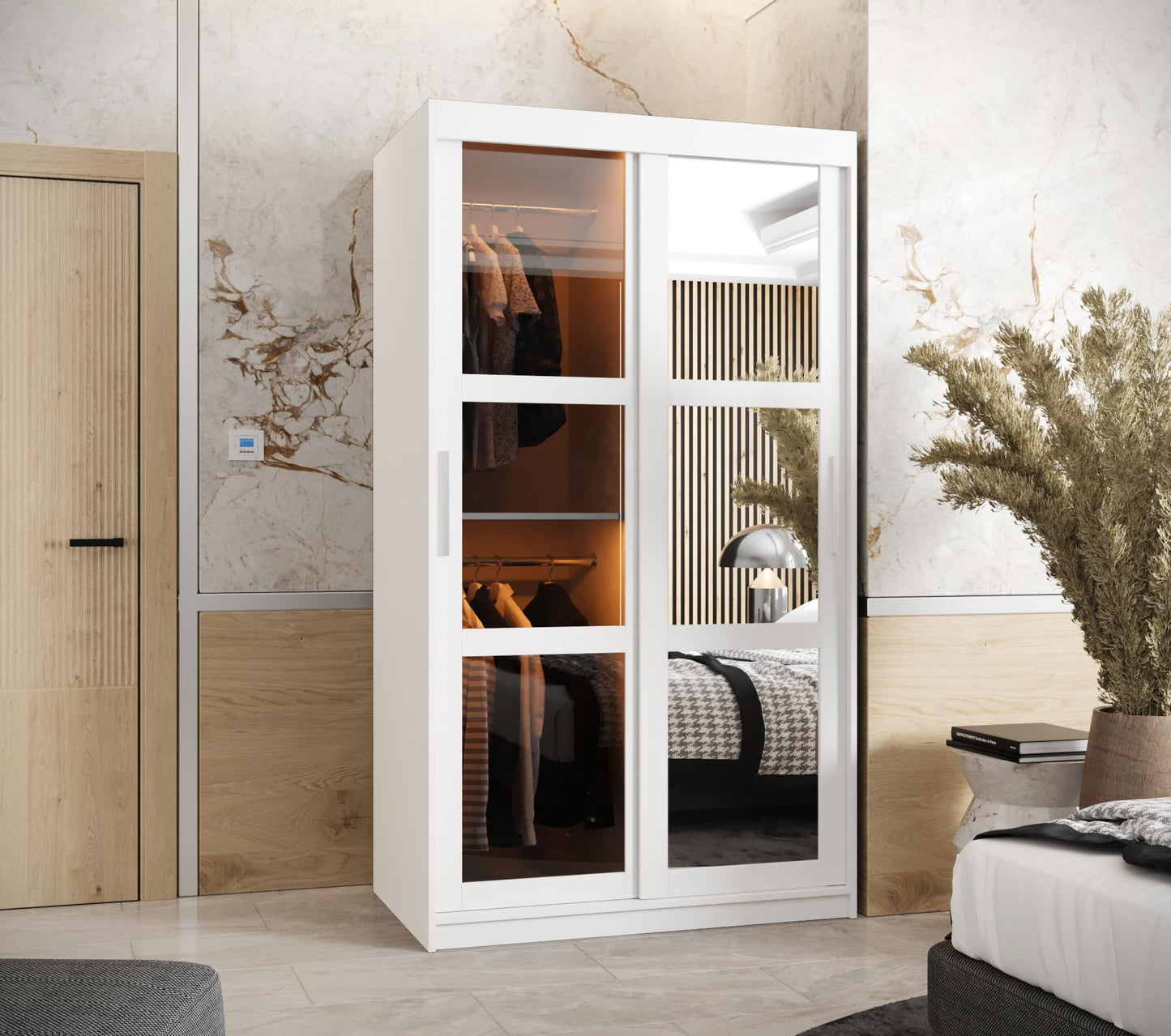 MEBLE KRYSPOL Dome 2 Schrank mit DREI Schiebetüren mit Spiegel, Stangen und Regalen - Aufbewahrungsschrank mit Rauchglas für Schlafzimmer, Wohnzimmer - 200x250x62cm - Schwarz, Schwarz, Schwarz