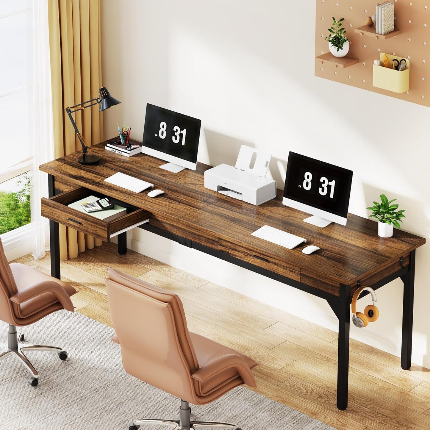 Tribesigns Schreibtisch Computertisch 200 x 60 x 82 cm, Doppelter Langer Schreibtisch mit 2 Schubladen, PC Tisch Bürotisch Arbeitstisch Esstisch Büro-Möbel Computertisch für Home Office, Braun