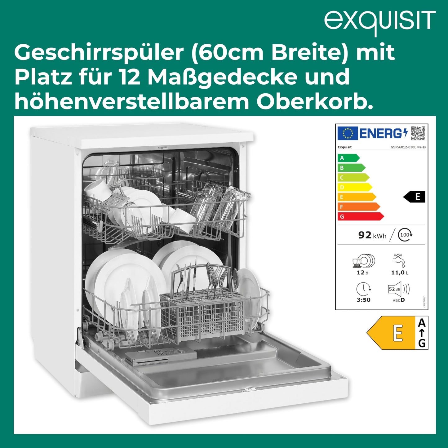Exquisit PRO GSP56314-030C Dishwasher 60 cm, Undermountable, Energy Efficiency Class: C, 14 Place Settings, Cutlery Drawer, Automatic Door Opening, Delay Start, 11 Litres, Silver