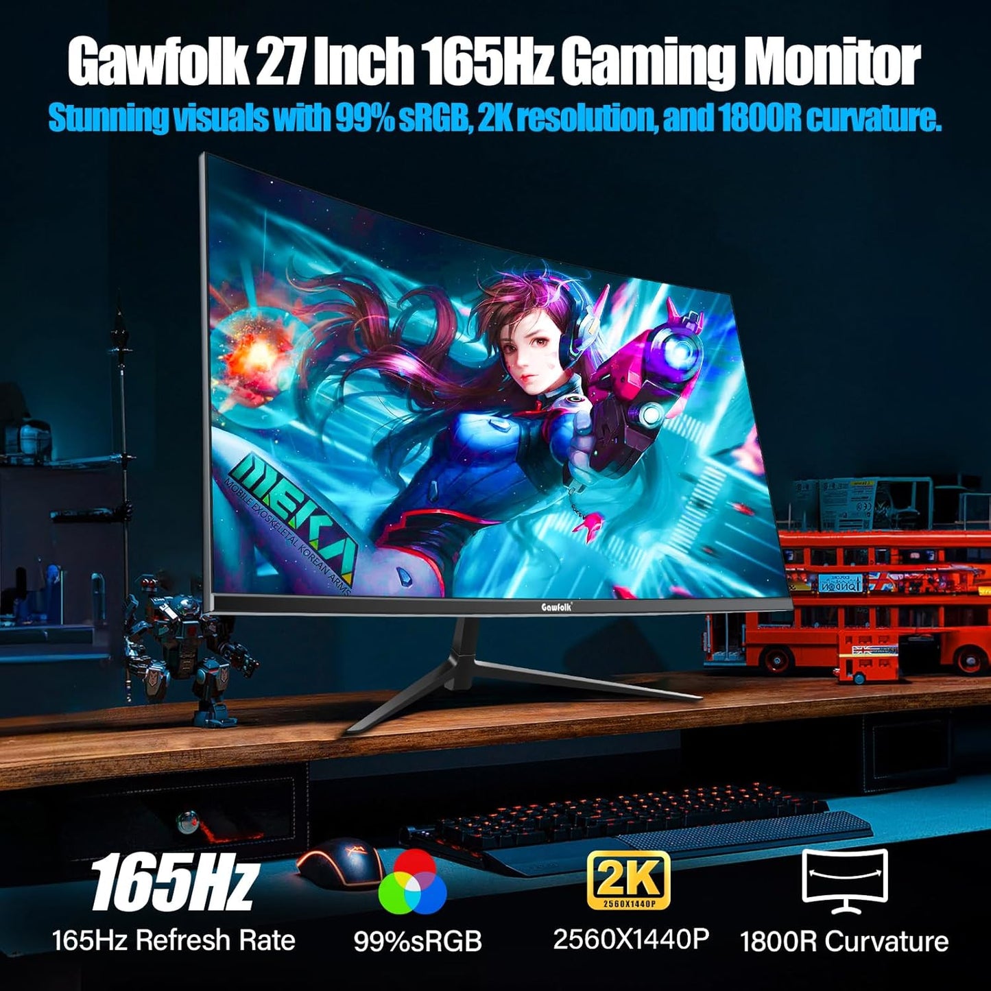 Gawfolk 32 Zoll Curved Gaming Monitor 180HZ / 165Hz / 144hz PC Bildschirm Full HD 1080P, Rahmenloses 1800R Gebogenes Computerbildschirm mit FreeSync und Eye Care Technologie, unterstützt VESA