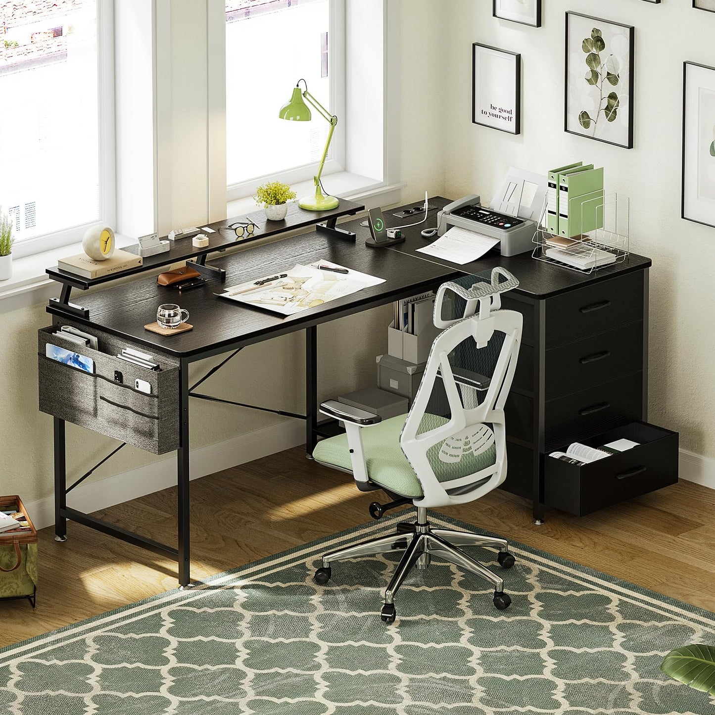 ODK Corner Desk with 4 Fabric Drawers, 140 x 80 cm, Desk L Shape Reversible with USB Charging Port and Socket, L Shaped Desk with Monitor Shelf for Home Office, White