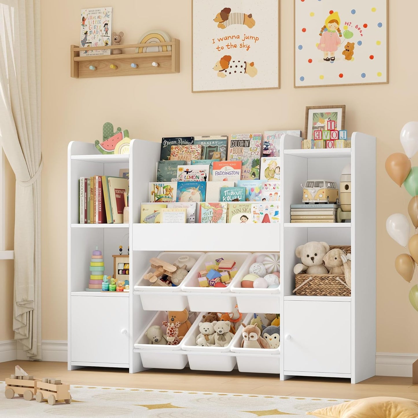 FOREHILL Children's Shelf with Children's Bookcase, Children's Room Furniture Made of Wood, Bookcase for Children with Storage Box, Children's Cabinet with Toy Box, Children's Shelf with 6 Boxes, 119