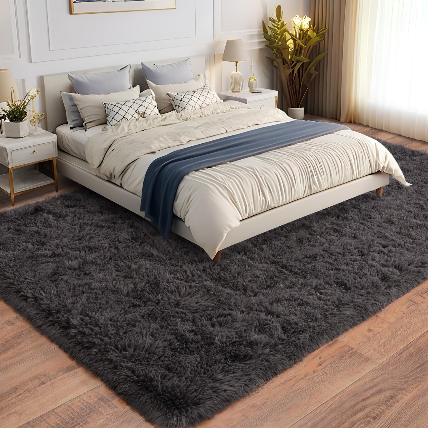 BSGIFT High Pile Rug, Grey, 160 x 230 cm, Shaggy Long Pile Fluffy Rug, Living Room, Modern Living Room Rug, Bed Rug, High-Pile Carpet, Non-Slip for Bedroom, Children's Room