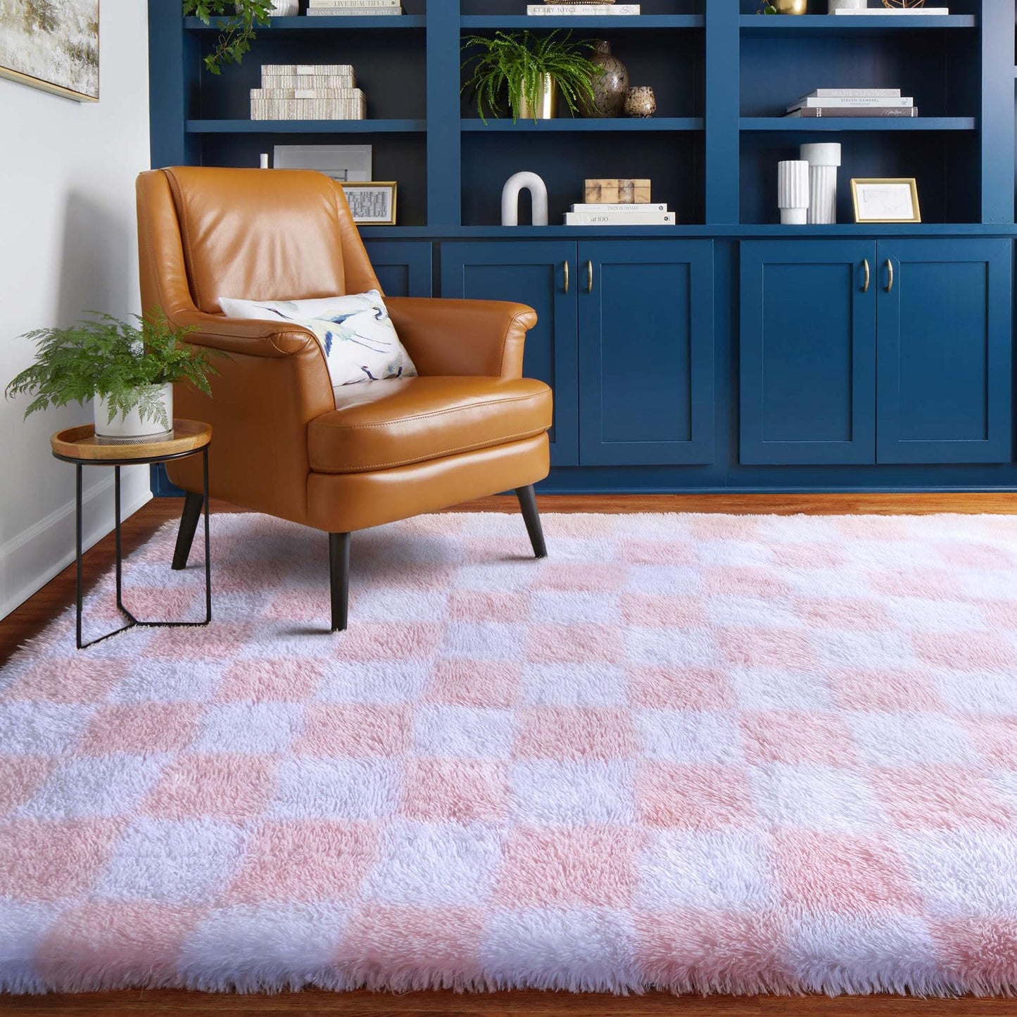 BYBSRLL Checked Rug Pink and White 120 x 180 cm High Pile Soft Fluffy Cuddly Rug Washable Rug Living Room Bedroom Children's Room Girls Non-Slip Rugs for Living Room