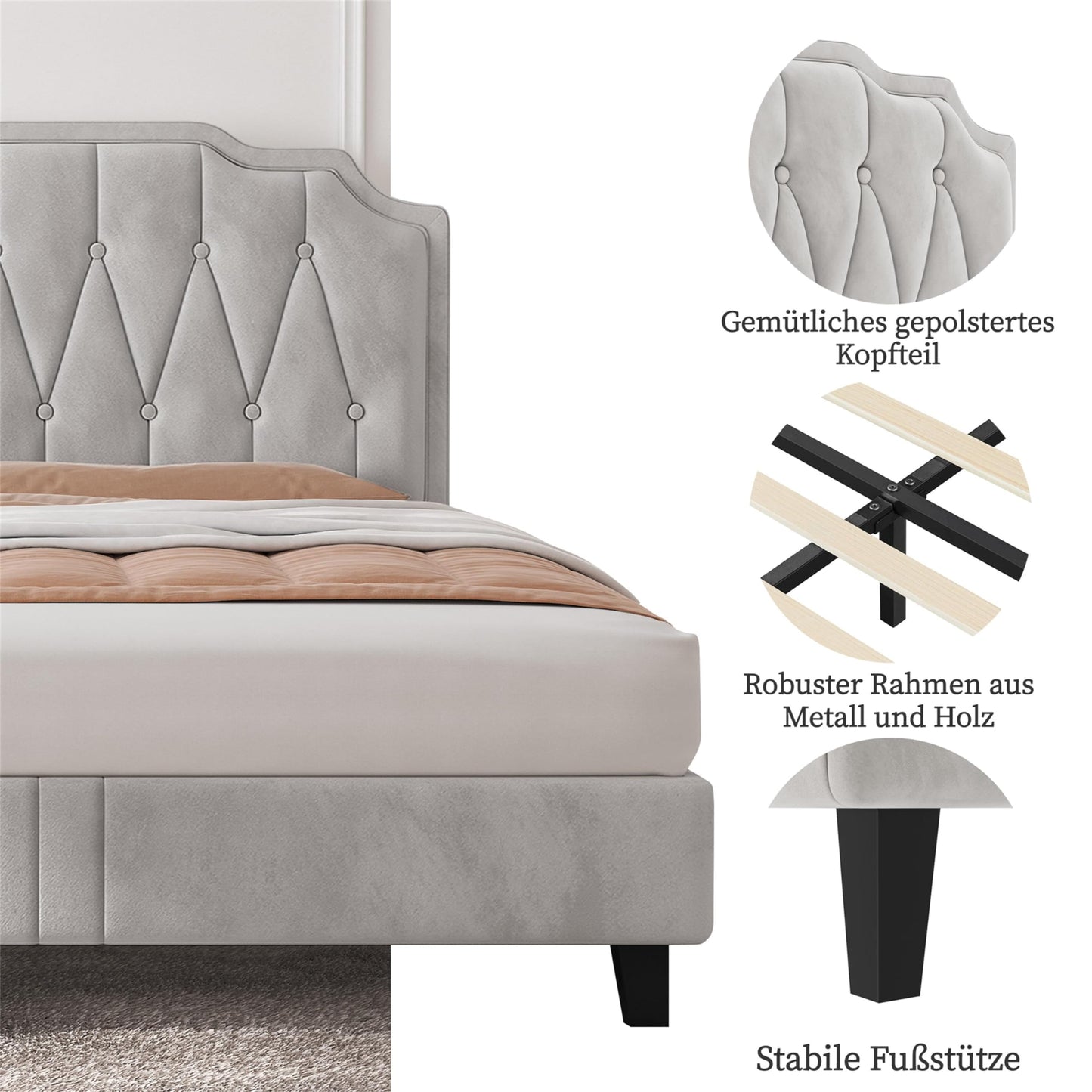 Yaheetech Upholstered Double Bed 140 x 200 cm Fabric Bed Youth Bed Padded Bed with Height-Adjustable Headboard Bed Frame with Slatted Frame, Dark Grey