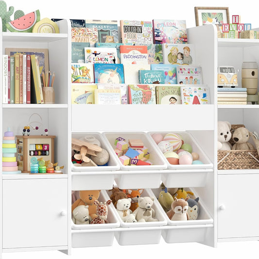 FOREHILL Children's Shelf with Children's Bookcase, Children's Room Furniture Made of Wood, Bookcase for Children with Storage Box, Children's Cabinet with Toy Box, Children's Shelf with 6 Boxes, 119