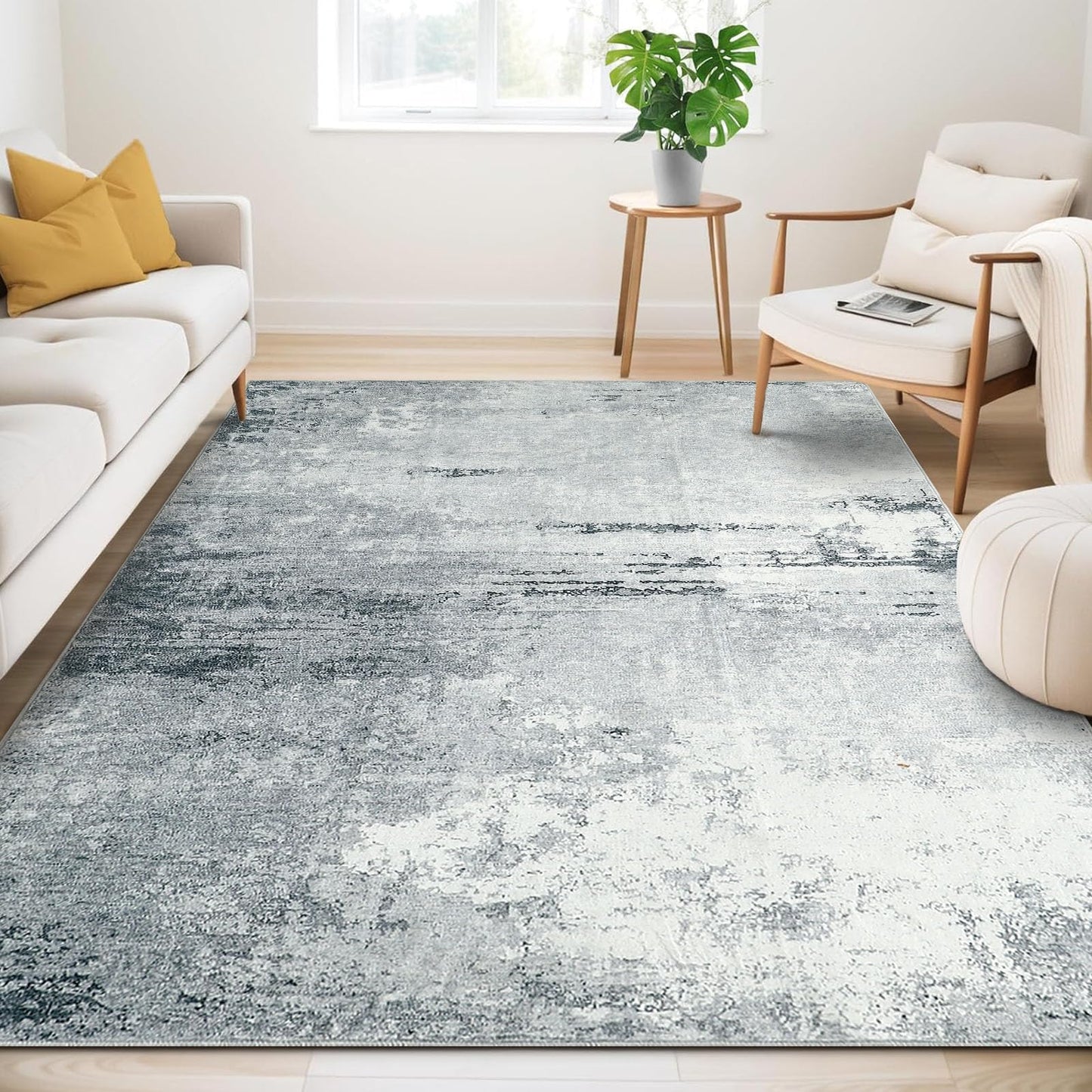 Guchuang Bedding Living Room Rug 140 x 200 cm, Grey Green Rug Vintage Mottled Smudged Design Short Pile Rugs, Washable Non-Slip Rugs for Bedroom