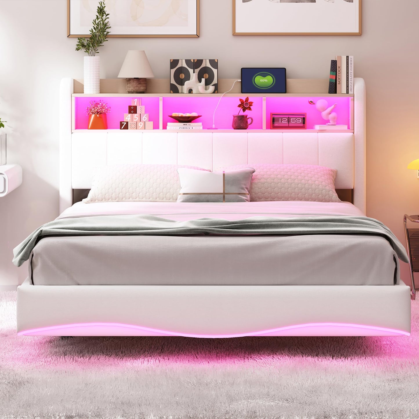 LAKFEW Polsterbett 140X200 cm, Doppelbett Stauraumbett mit LED-Beleuchtung, Erwachsenenbett mit USB/Typ-C, Bettgestell Bett mit Lattenrost, Ohne Matratze, Grau, Leinen