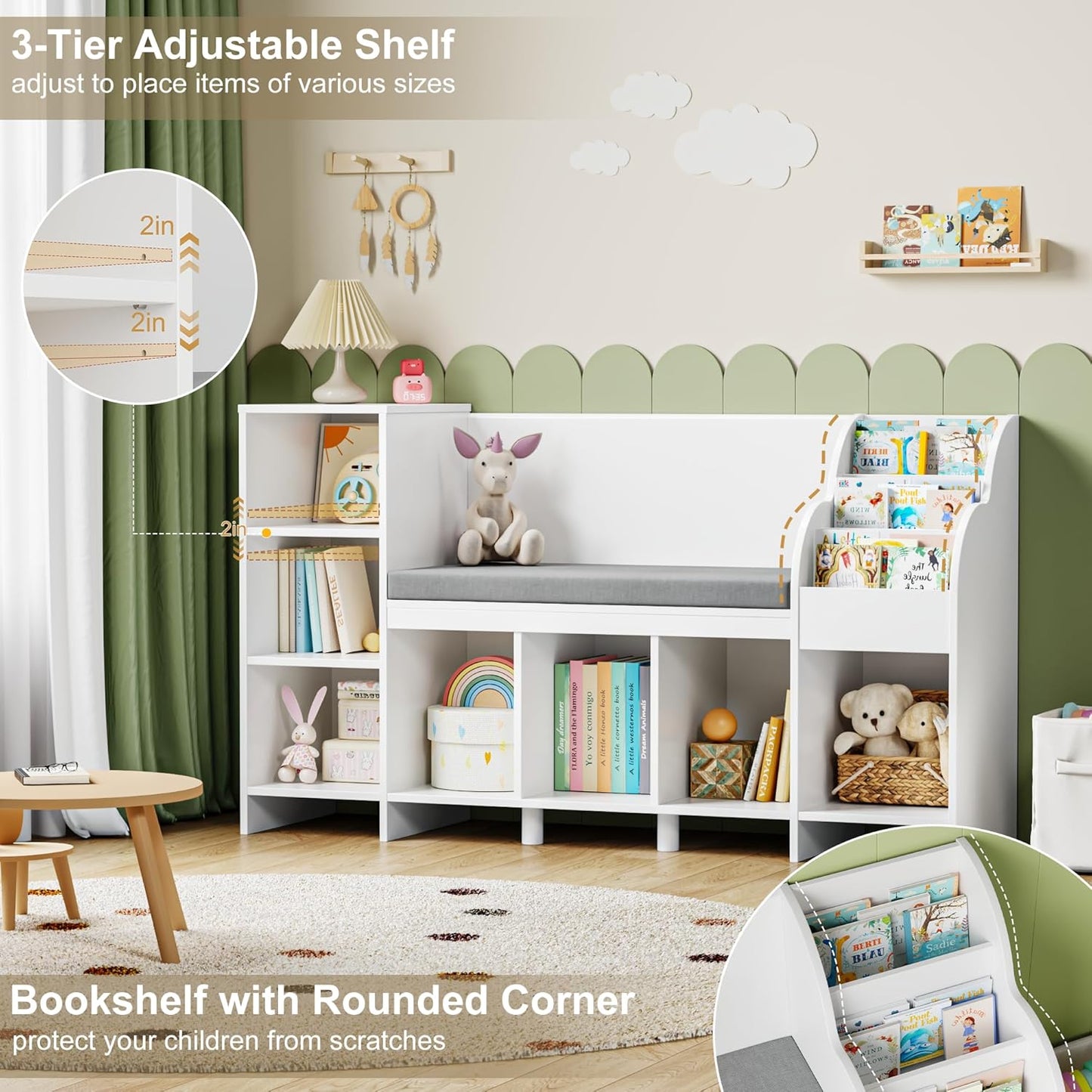 HOCSOK Kinderregal, 138.5 cm Bücherregal Kinder mit Kissen und 7 Ablagefächern, Spielzeugregal Aufbewahrung für Kinderzimmer, Spielzimmer, Kindergärten, Weiß, 80×40×138.5cm