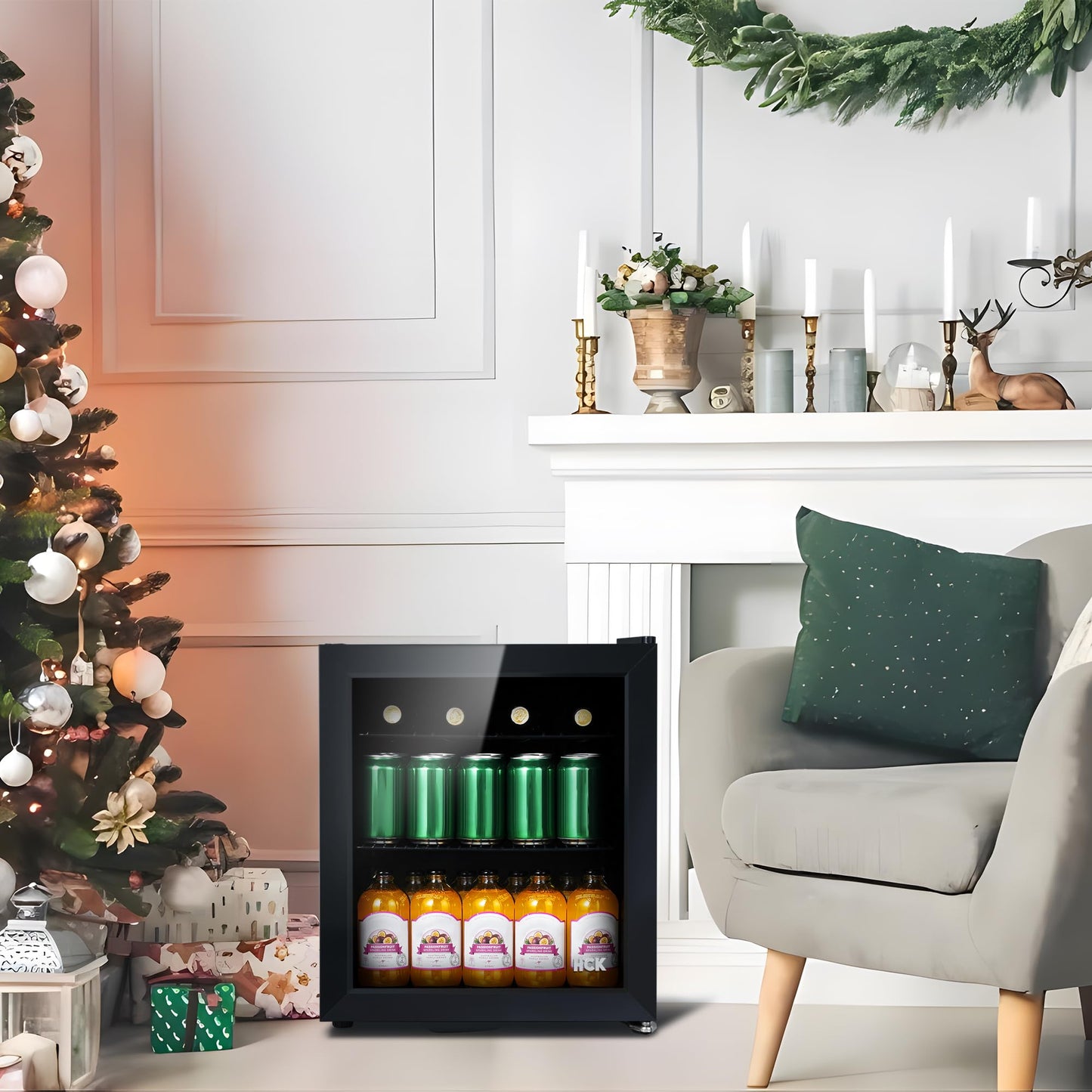 HCK 98L Getränkekühlschrank mit Cyberpunk RGB Beleuchtung, Minibar kleine Kühlschrank mit Glastür, lautlos 39dB, 0-15°C, Bierkühlschrank für Spielzimmer, Küche, Schwarz