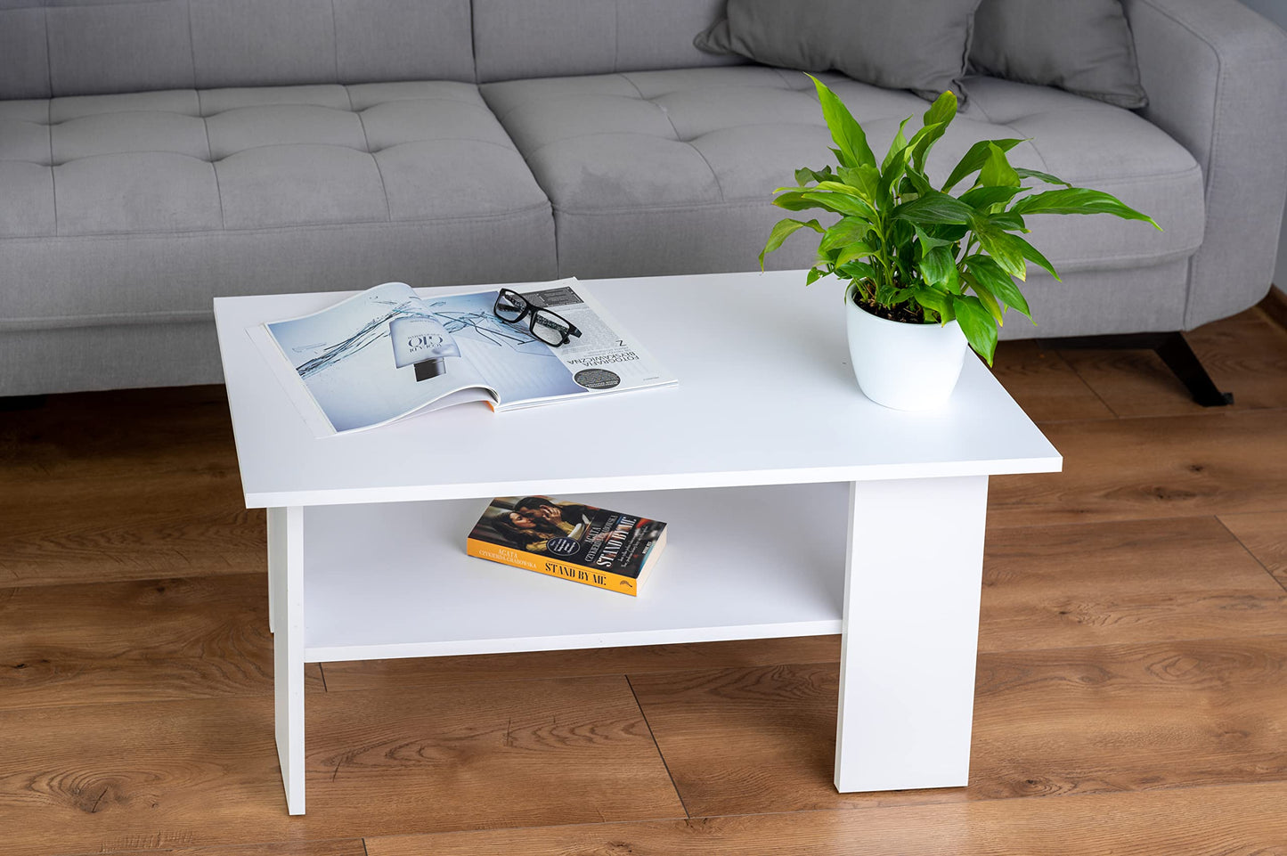 Artisan Coffee Table, Retro Loft Bench, Open Double Shelf, Skate Legs, Ideal for Coffee Get-Togethers, Laminated Top, Large Surface, Guaranteed Stability, White 3