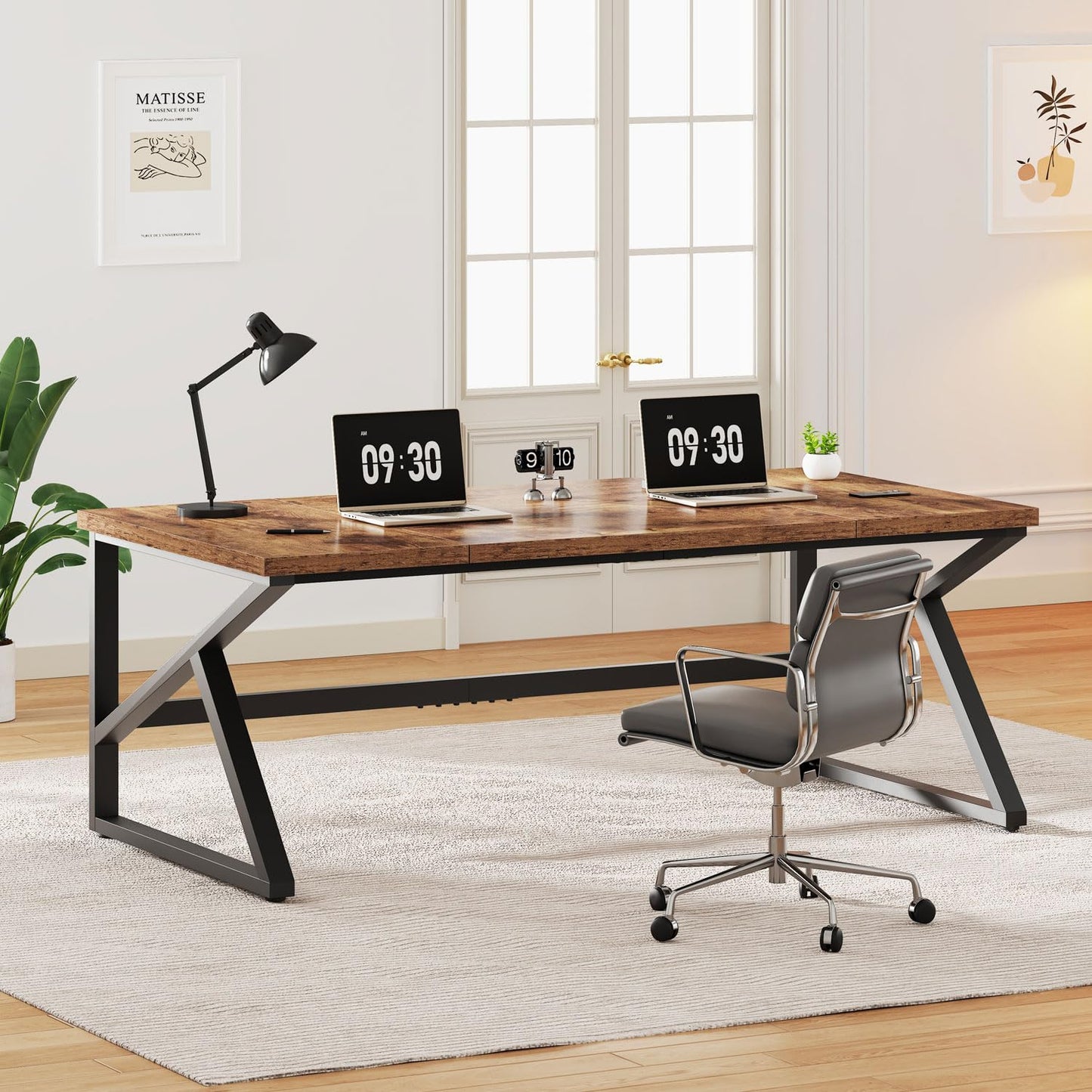 IBF Desk in Brown Colour with a Length of 70 Inches, Industrial Large Double Metal and Wood Desk for Computer, Long Office Table for Home