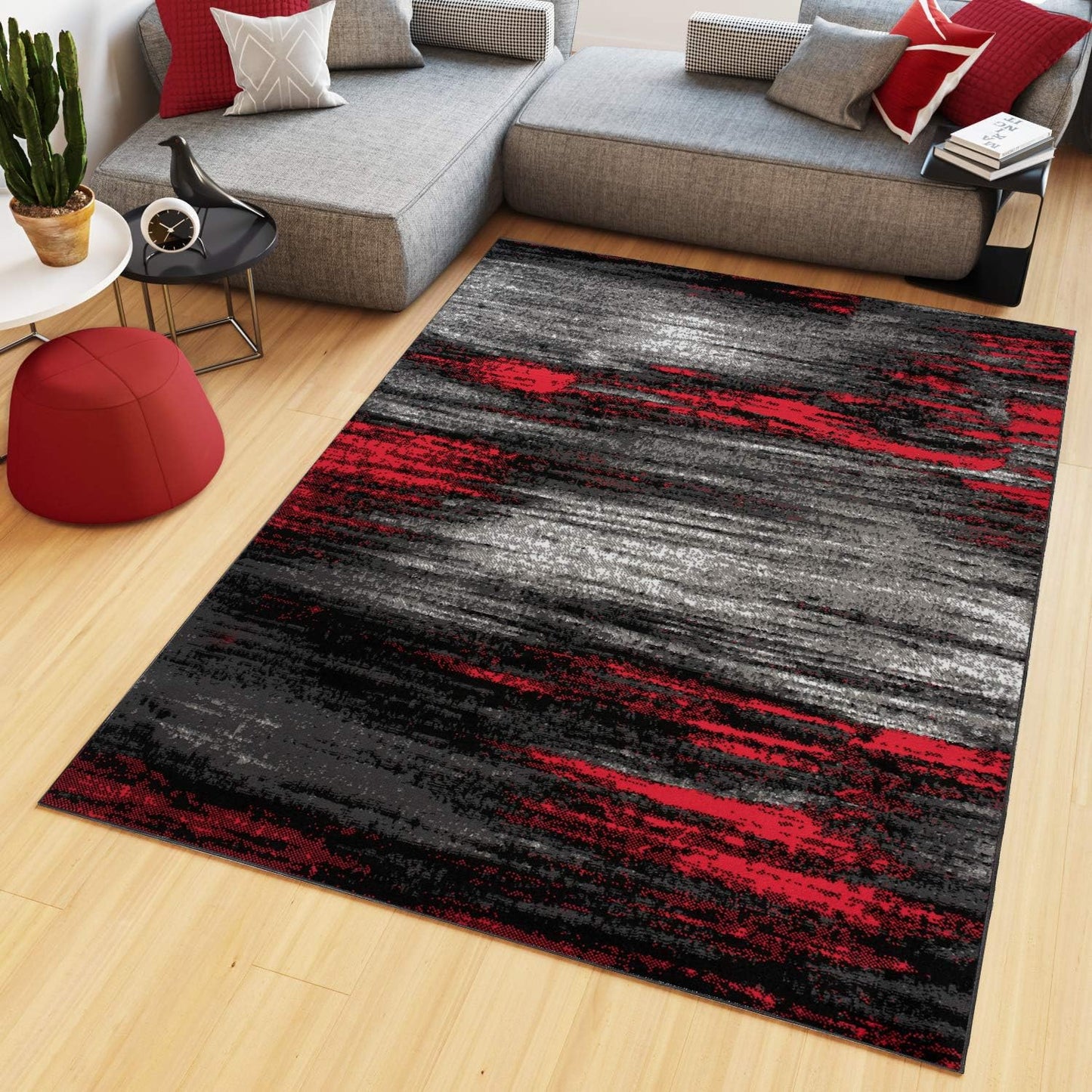TAPISO Maya Short Pile Rug, Modern Blurred/Heathered/Striped Design, Black/Grey/Red/White, for Living Rooms, Bedrooms, OEKO-TEX, 200 x 300 cm