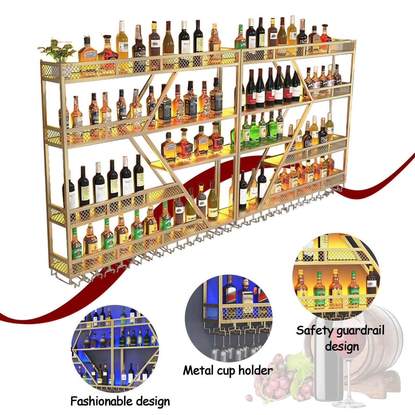 Weinregal aus Metall, großer Weinflaschenhalter aus Wandmontage mit 3 Ebenen, modernes, schwebendes Barregal in Rautenform,für die Dekoration von Restaurants und Bars zu Hause (schwarz, 200cm)