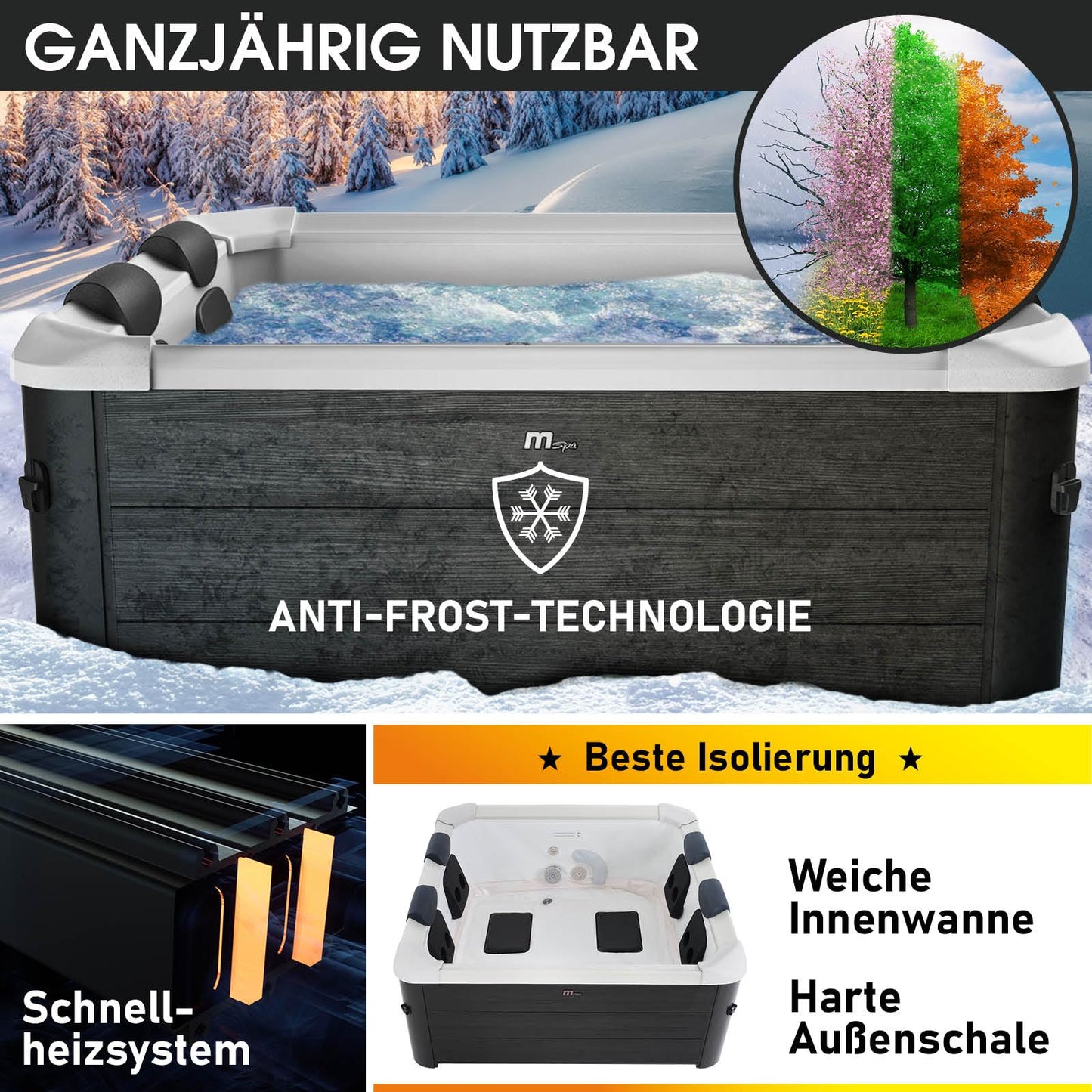 BRAST Whirlpool MSpa Oslo & Oslo Plus XXL mit Fester Außenwand | 160x160x65cm - 180x180x65cm | LED-Beleuchtung 20 Farben | 6 Personen | 120-140 Massagedüsen | Ganzjähriger Einsatz Winterfest