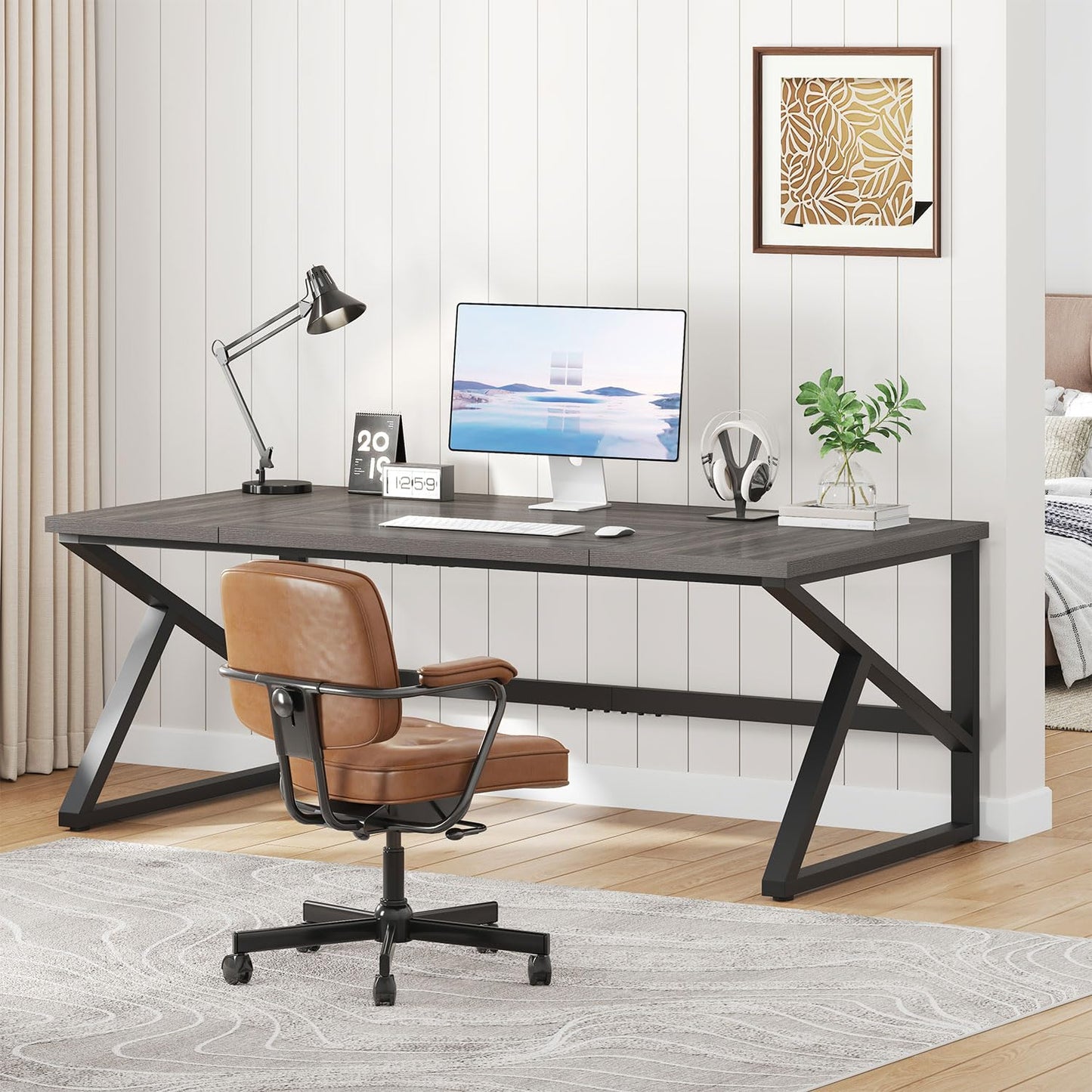 IBF Desk in Brown Colour with a Length of 70 Inches, Industrial Large Double Metal and Wood Desk for Computer, Long Office Table for Home
