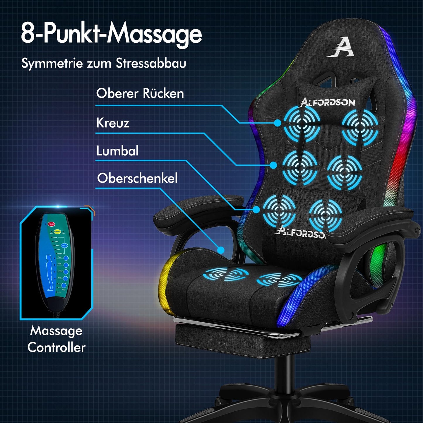 ALFORDSON Gaming Stuhl mit 8-Punkt Massage 12 Farben RGB LED-Licht, Bürostuhl Ergonomisch mit fußstützen, Kopfstütze Lendenkissen für Kinder Erwachsene, Schwarz