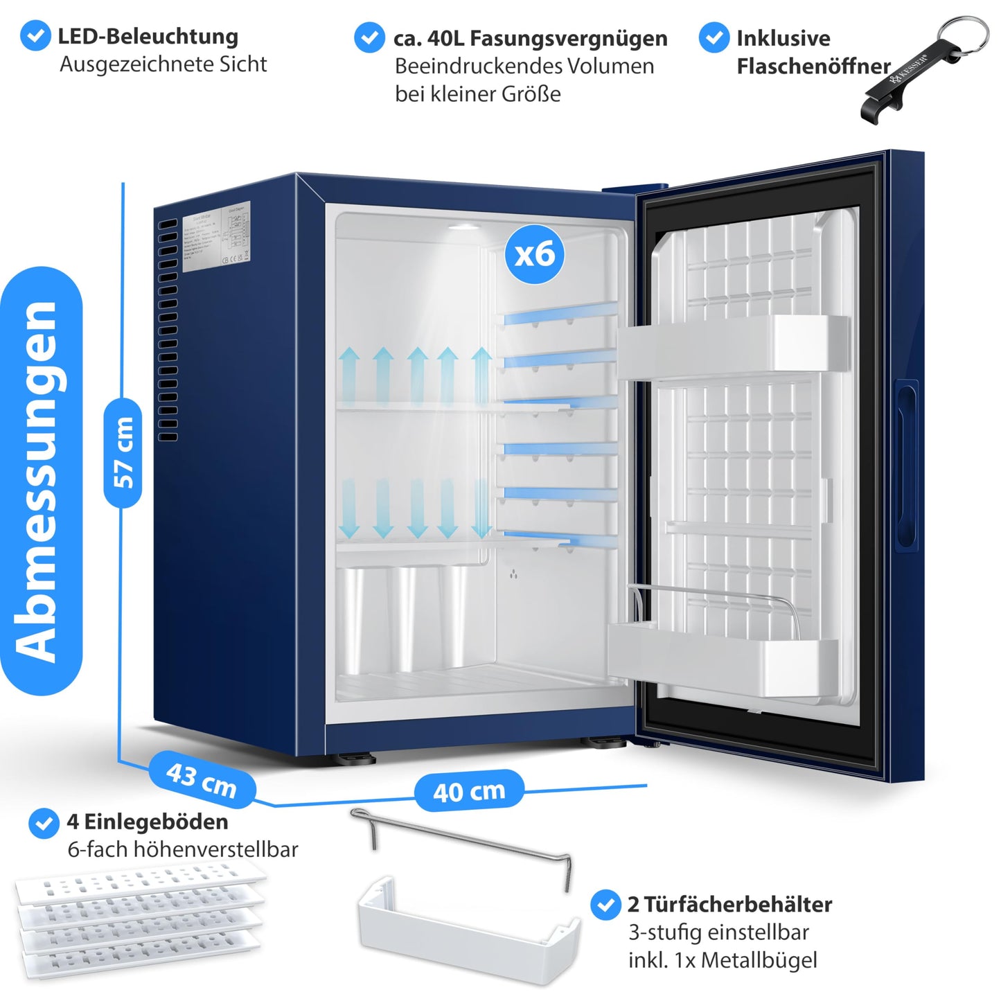 KESSER® Mini Fridge 40 L Lockable Mini Bar Ideal for Camping, Office, Bedroom, Hotel, Kitchen, Small Fridge Completely Silent, Interchangeable Door Hinge, Interior Lighting with Glass Opener
