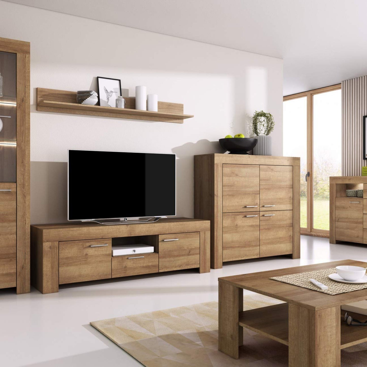 Furniture24 Wohnzimmer Set Wohnwand Sky Tv Schrank Vitrine Hängeregal Kommode Sideboard Couchtisch (Riviera Eiche)