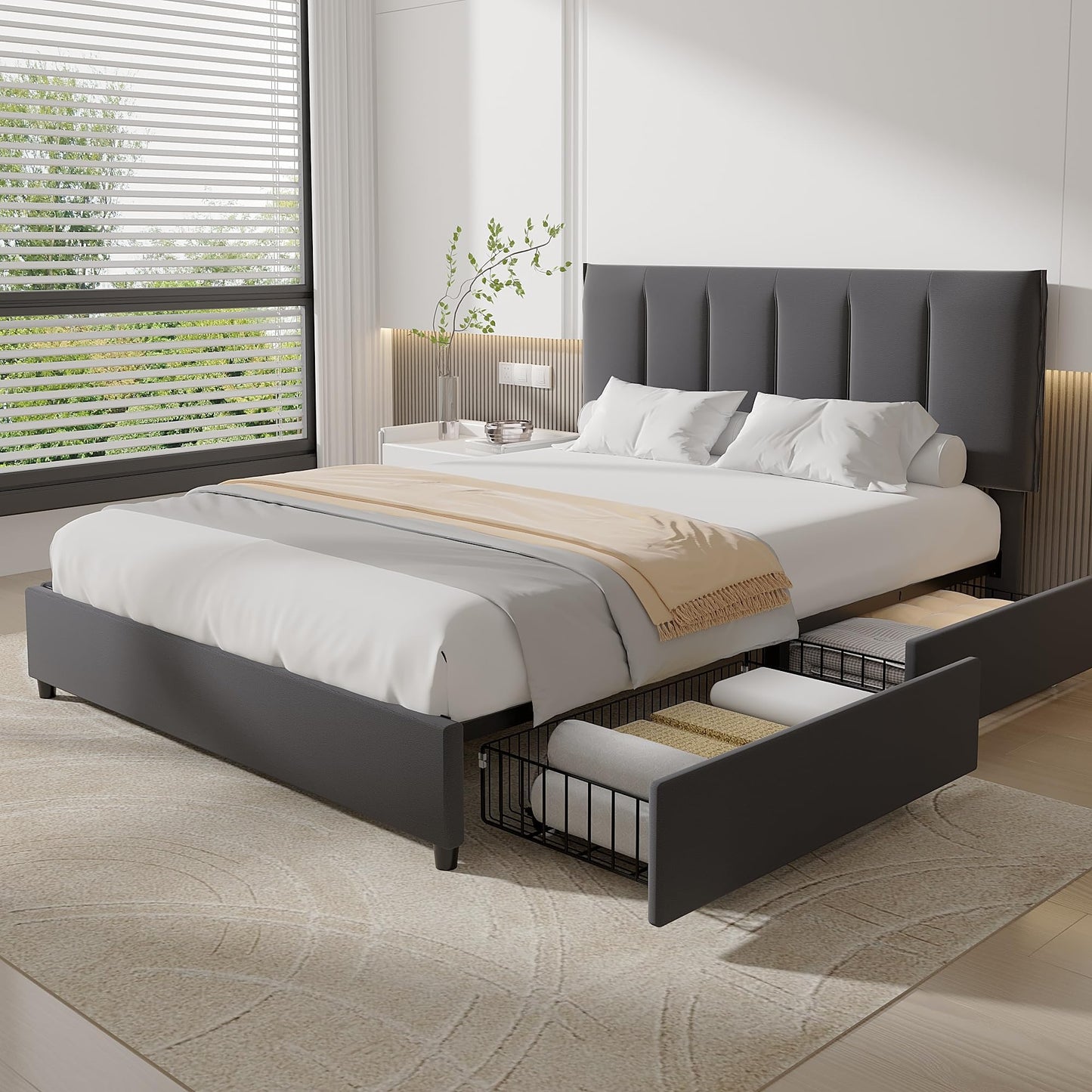 VECELO Upholstered Bed 140 x 200 cm Double Bed with 4 Storage Drawers and Height-Adjustable Headboard, Padded Bed Frame with Slatted Frame and Storage Space, Velvet, Without Mattress, Grey