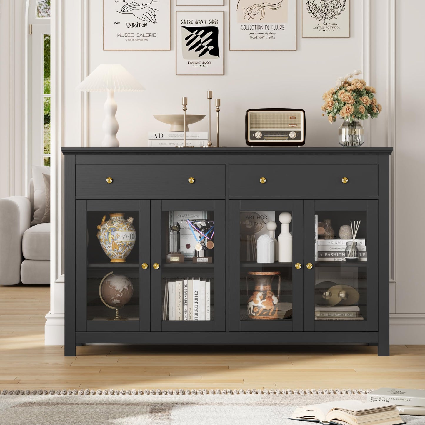 FirFurd Sideboard 140 cm Wide Kitchen Cabinet with Worktop Sideboard for Kitchen Living Room Buffet Cabinet with 2 Drawers and 4 Glass Doors Kitchen Buffet with Adjustable Shelf 140 x 90.7 x 40 cm