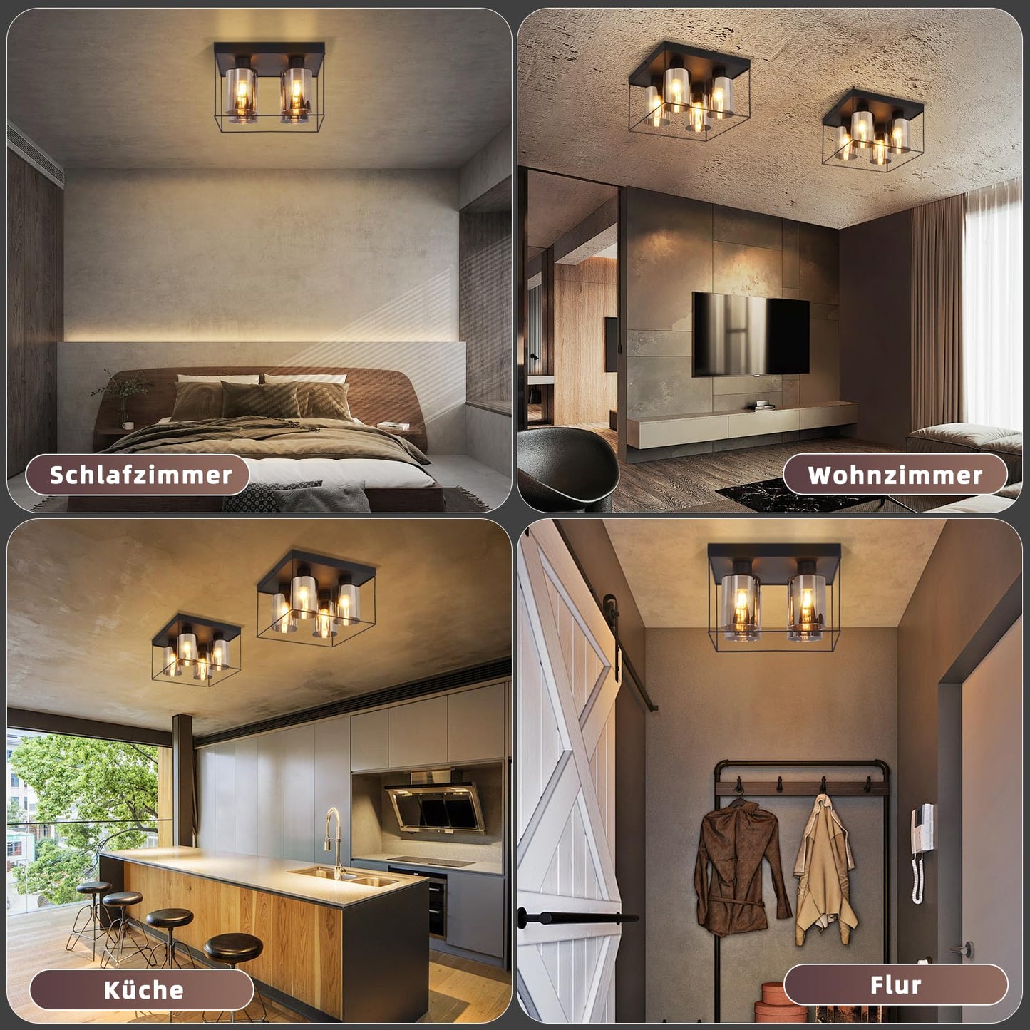 CBJKTX Ceiling Light Living Room Ceiling Light Glass - 4 Bulbs E27 Vintage Black Dining Room Lamp Industrial Style Metal Ceiling Retro Living Room Lamp for Bedroom Dining Room Kitchen (Light Bulb Not