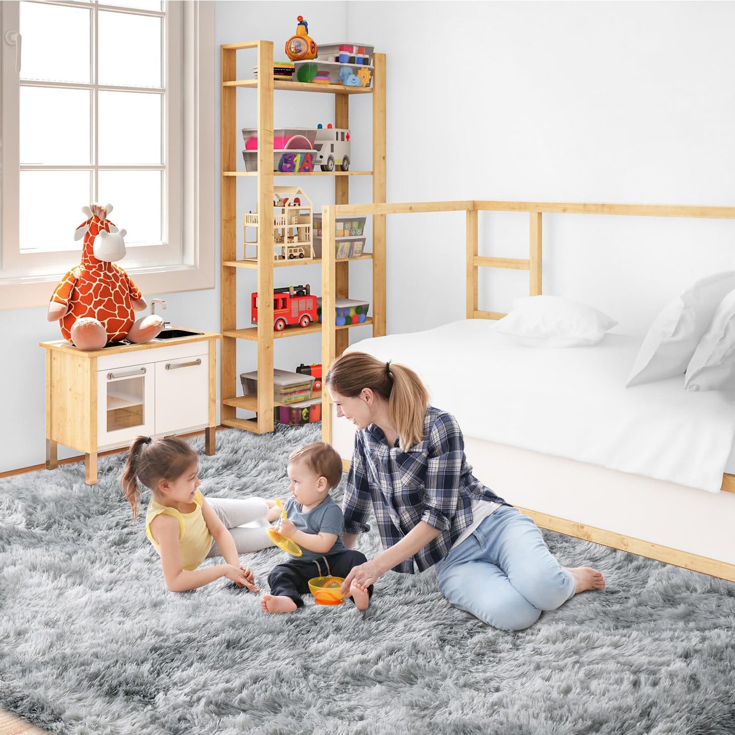 JOJOSEE Hochflor Teppich Wohnzimmer, 200 x 300 cm Anti-Rutsch Wohnzimmerteppich, Waschbarer Flauschiger Teppich für Schlafzimmer & Kinderzimmer, Hellgrau
